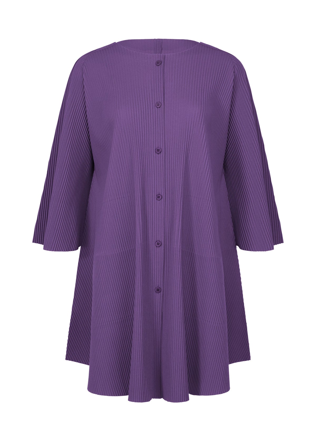 The SWING PLEATS dress by me ISSEY MIYAKE is a loose-fitting, knee-length purple dress with long sleeves, fine knit pleats, button-down front, round neckline, and an A-line silhouette for effortless lightweight comfort. view 3 of 9