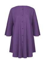 The SWING PLEATS dress by me ISSEY MIYAKE is a loose-fitting, knee-length purple dress with long sleeves, fine knit pleats, button-down front, round neckline, and an A-line silhouette for effortless lightweight comfort. - PURPLE （no.81）