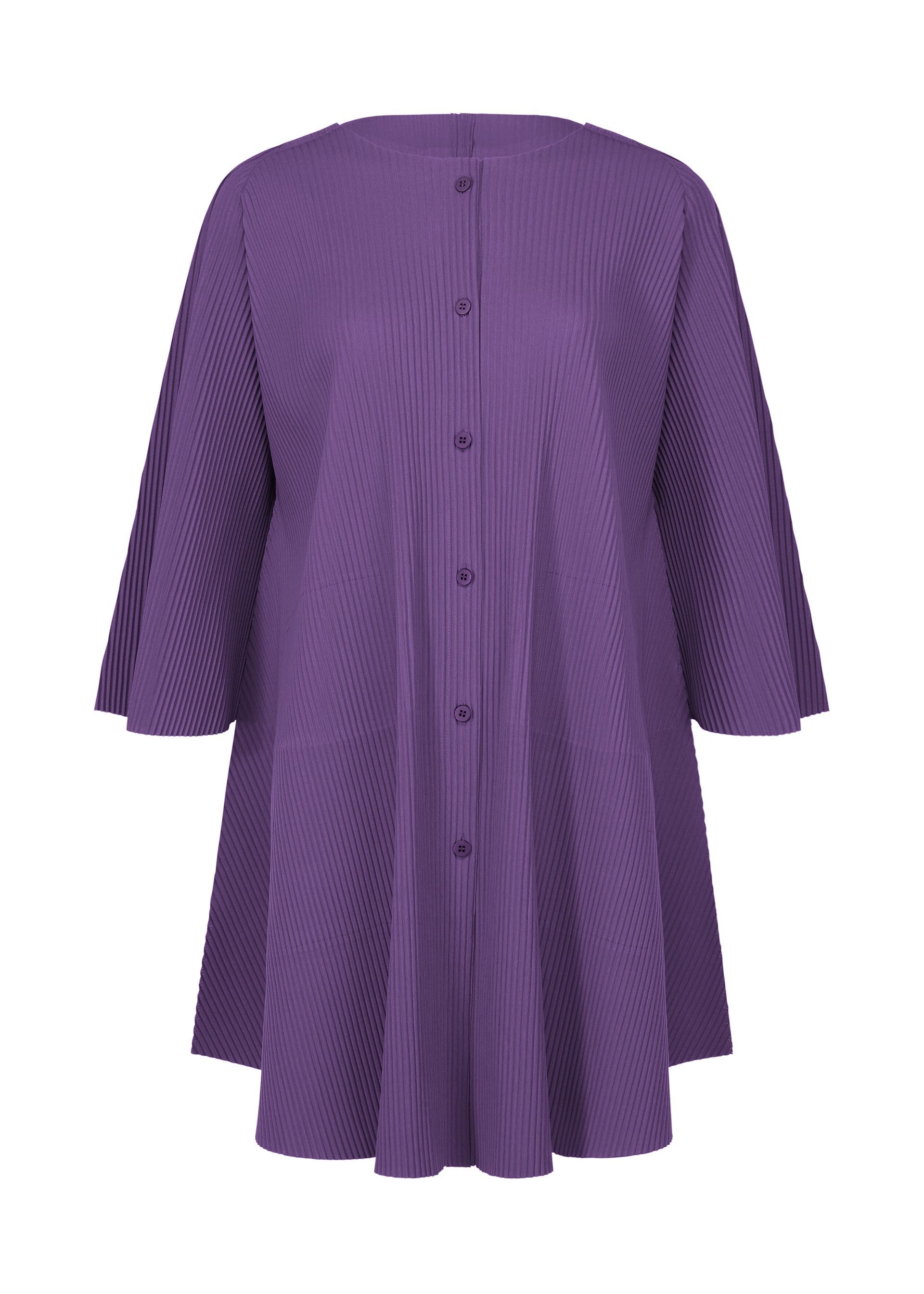 Zoomed view The SWING PLEATS dress by me ISSEY MIYAKE is a loose-fitting, knee-length purple dress with long sleeves, fine knit pleats, button-down front, round neckline, and an A-line silhouette for effortless lightweight comfort. - PURPLE （no.81）