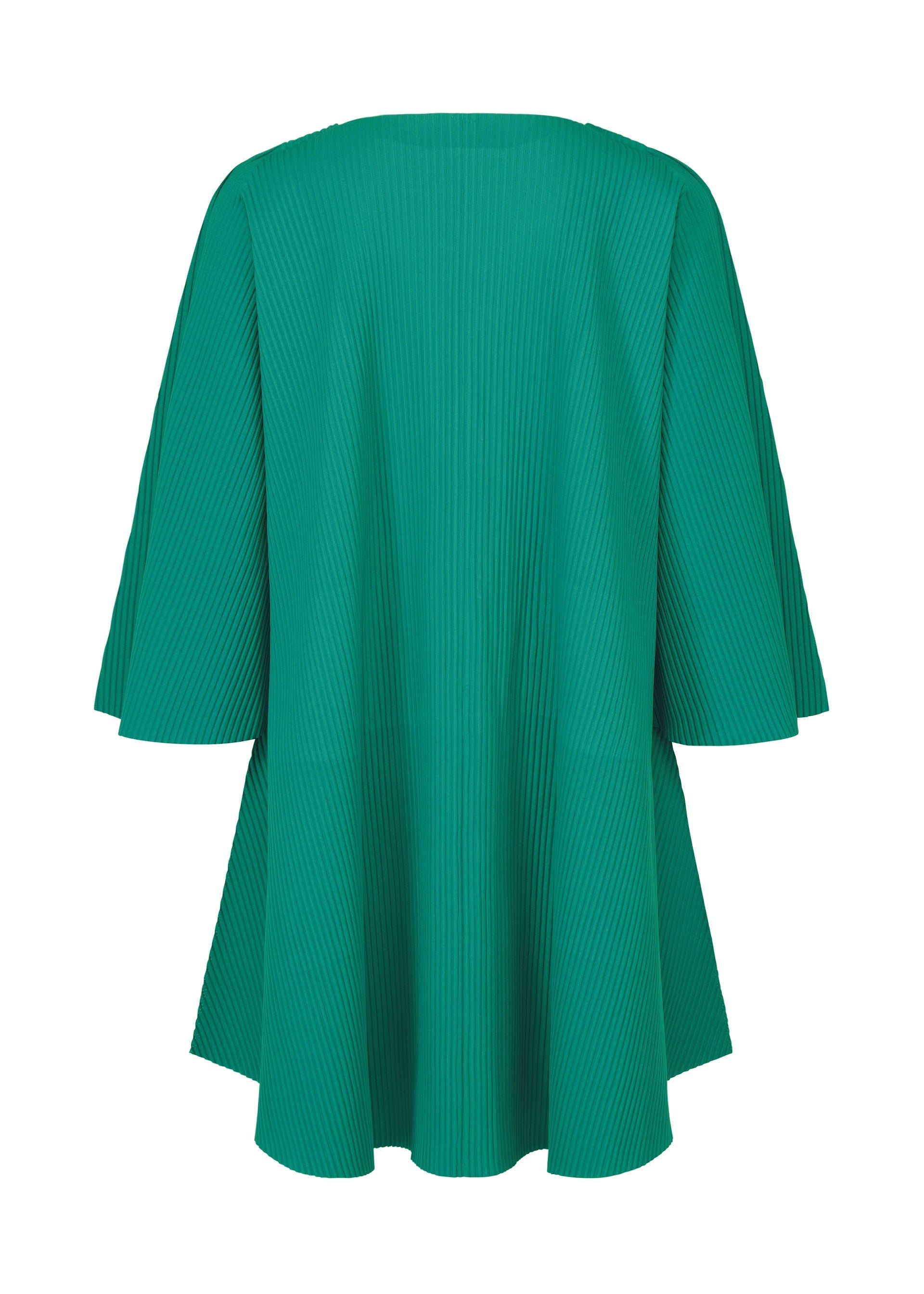 Zoomed view The SWING PLEATS dress by me ISSEY MIYAKE is a green, loose-fitting piece with fine knit pleats and wide sleeves, shown from the back against a plain white background.