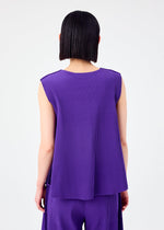 A person with straight, chin-length dark hair is shown from the back, wearing the me ISSEY MIYAKE SWING PLEATS sleeveless, loose-fitting pleated knit top and matching purple pants against a plain white background.