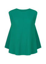 The SWING PLEATS top by me ISSEY MIYAKE is a sleeveless, loose-fitting green knit with fine pleats and a round neckline, offering a structured yet flowing silhouette. - PEACOCK GREEN （no.64）