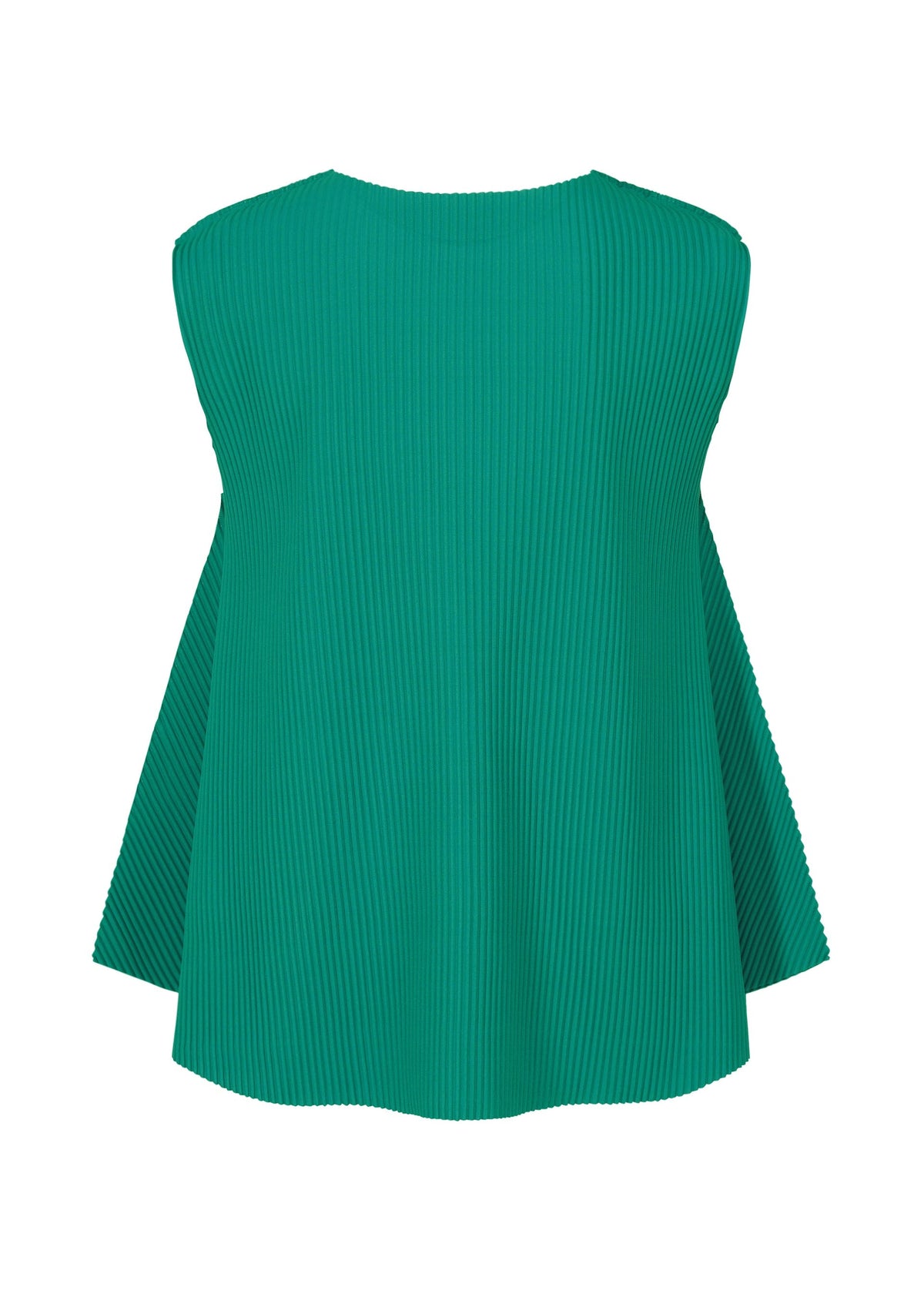 The SWING PLEATS sleeveless top by me ISSEY MIYAKE features fine green knit pleats, a round neckline, and a flowy silhouette highlighted from the back against a plain white background. view 4 of 8