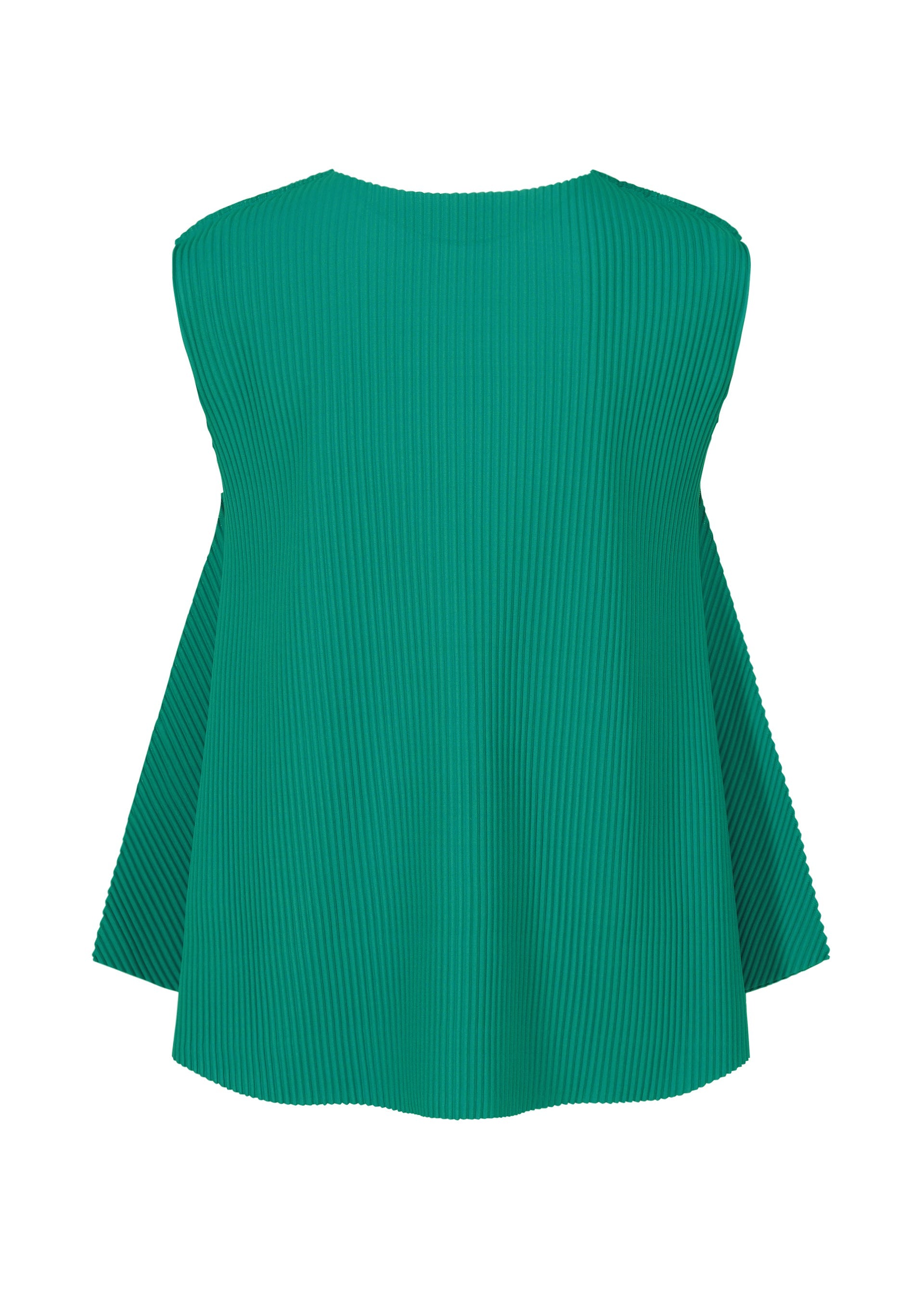 Zoomed view The SWING PLEATS sleeveless top by me ISSEY MIYAKE features fine green knit pleats, a round neckline, and a flowy silhouette highlighted from the back against a plain white background.