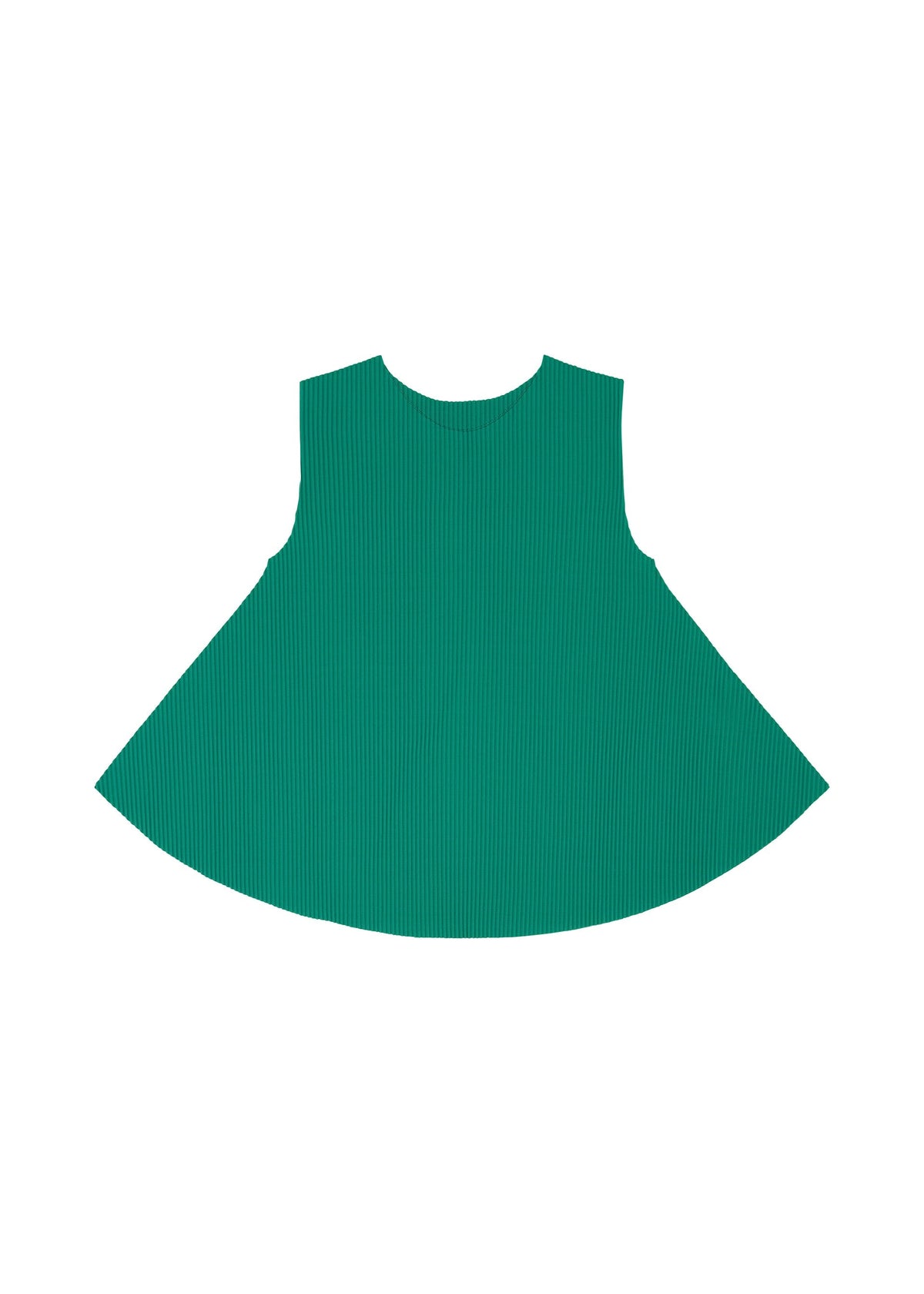 The SWING PLEATS by me ISSEY MIYAKE is a child’s sleeveless green A-line dress with a round neckline, crafted from ribbed fabric featuring fine knit pleats for texture. Displayed flat on a white background. view 5 of 8