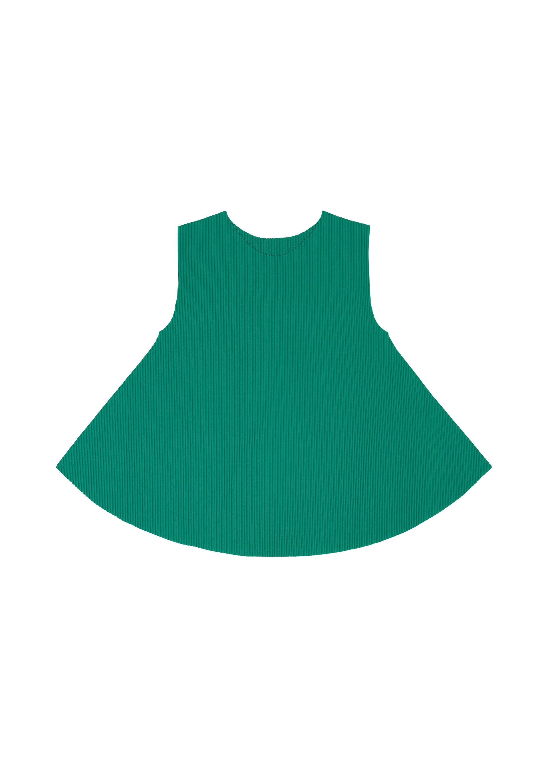 Zoomed view The SWING PLEATS by me ISSEY MIYAKE is a child’s sleeveless green A-line dress with a round neckline, crafted from ribbed fabric featuring fine knit pleats for texture. Displayed flat on a white background.