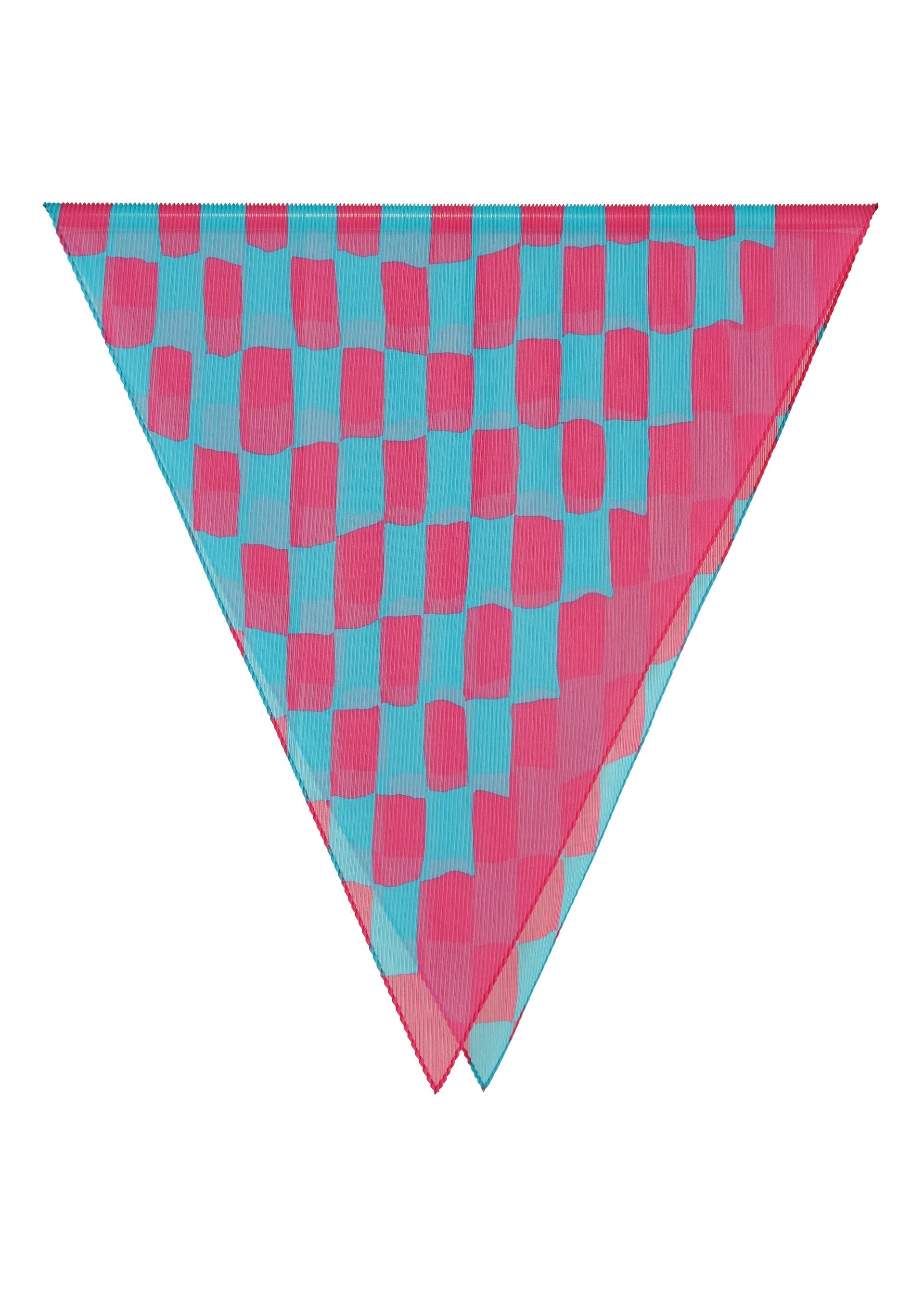 Zoomed view The DIAMOND PLEATS STOLE by me ISSEY MIYAKE features a triangular design with an irregular pink and blue diamond-motif print resembling checkerboard squares on a white background. - PINK×BLUE （no.29）
