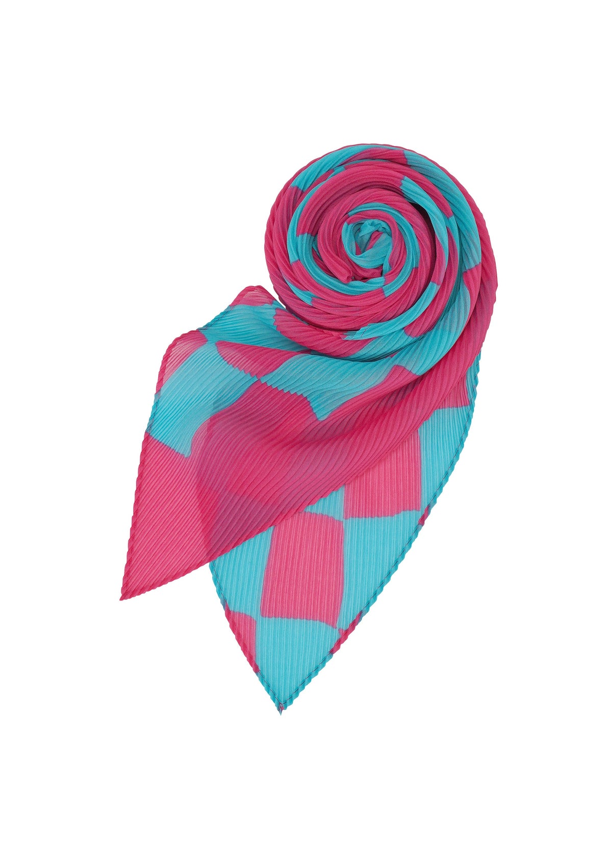 The DIAMOND PLEATS STOLE by me ISSEY MIYAKE features vivid turquoise blue and pink checkered pleats, artfully rolled at one end and fanned at the other, showcased on a white background. view 3 of 5