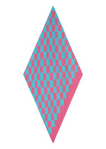 The DIAMOND PLEATS STOLE by me ISSEY MIYAKE features a pink and turquoise checkerboard pattern with wavy, distorted effects and bold colors, creating an optical illusion against a plain white background.