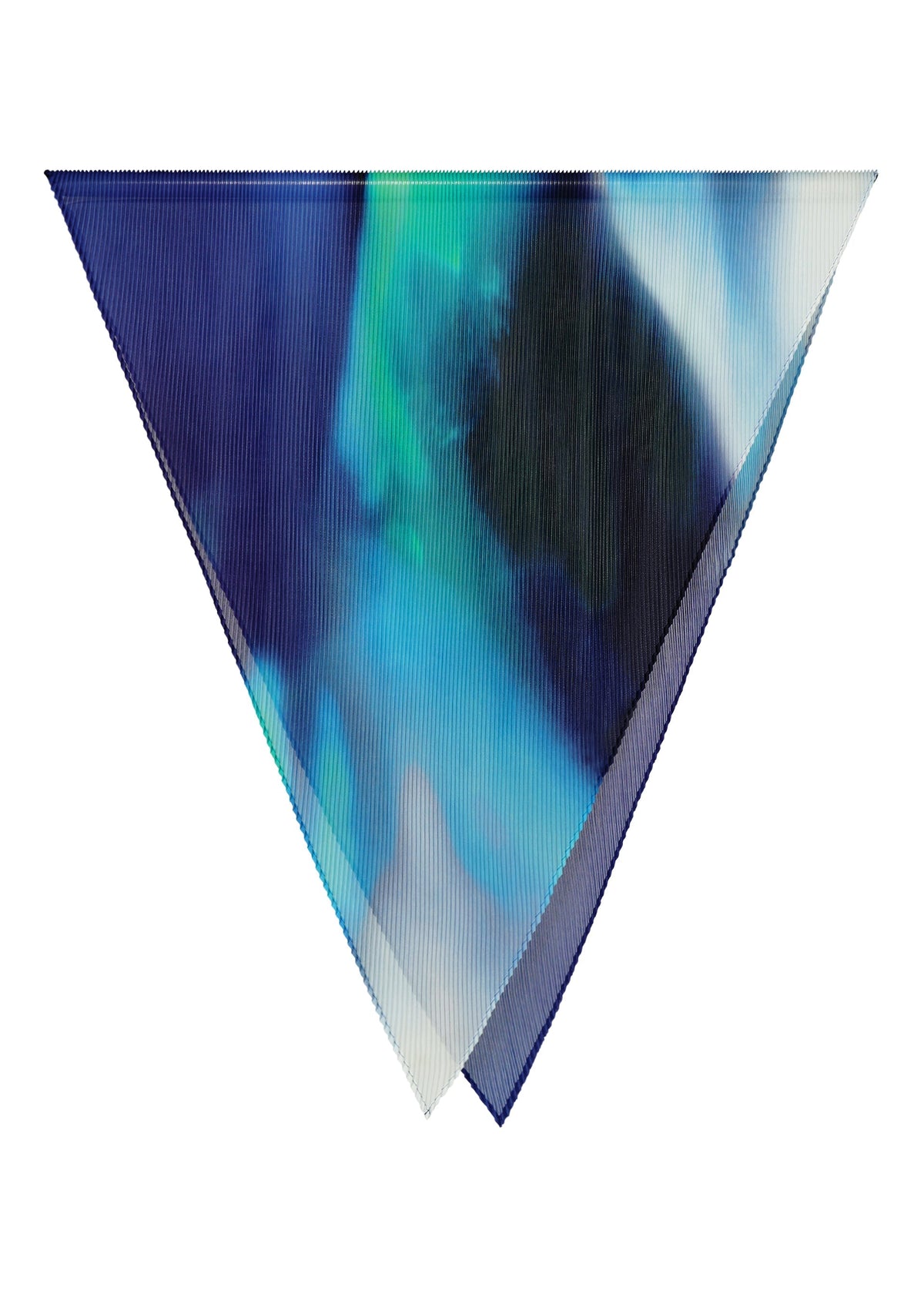 The AURORA PLEATS STOLE by me ISSEY MIYAKE features an inverted triangle with abstract blue, teal, green, and white aurora-inspired patterns and faint diagonal lines on a plain white background. view 2 of 5