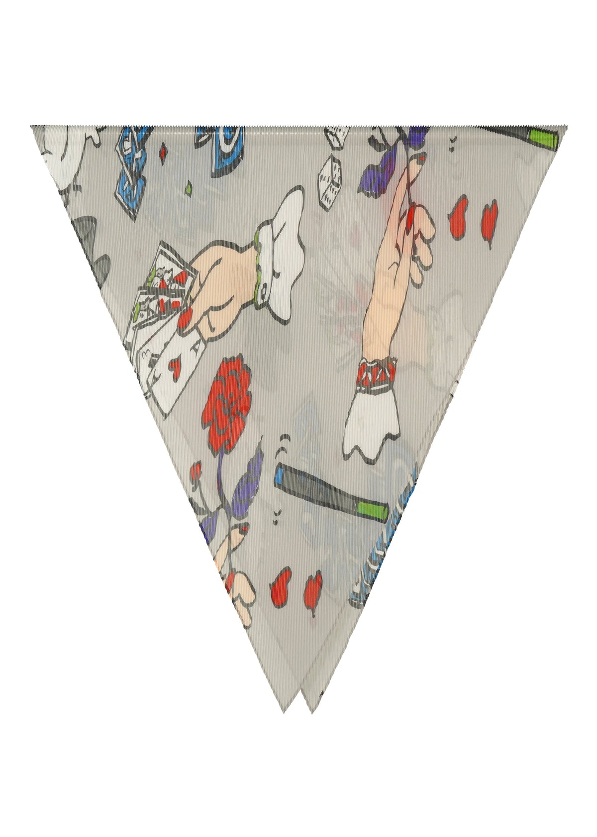 The MAGIC PLEATS STOLE by me ISSEY MIYAKE features a pleated design with hand-drawn magic tricks, playing cards, dice, red roses, and hearts on a light background. view 1 of 5