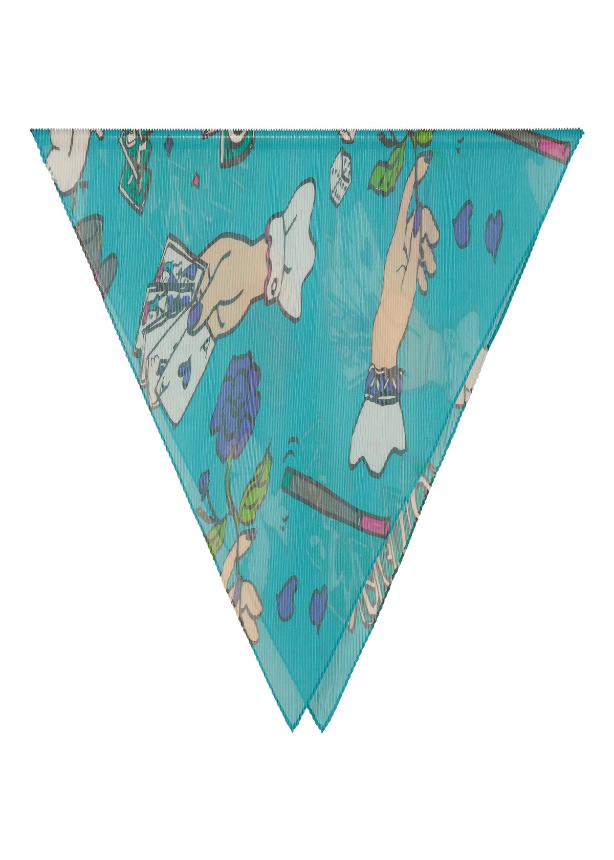 The MAGIC PLEATS STOLE by me ISSEY MIYAKE is a turquoise accessory featuring a playful print of magician hands, magic props like cards and wands, plus dice, flowers, and hearts in purple, blue, and white. view 2 of 5