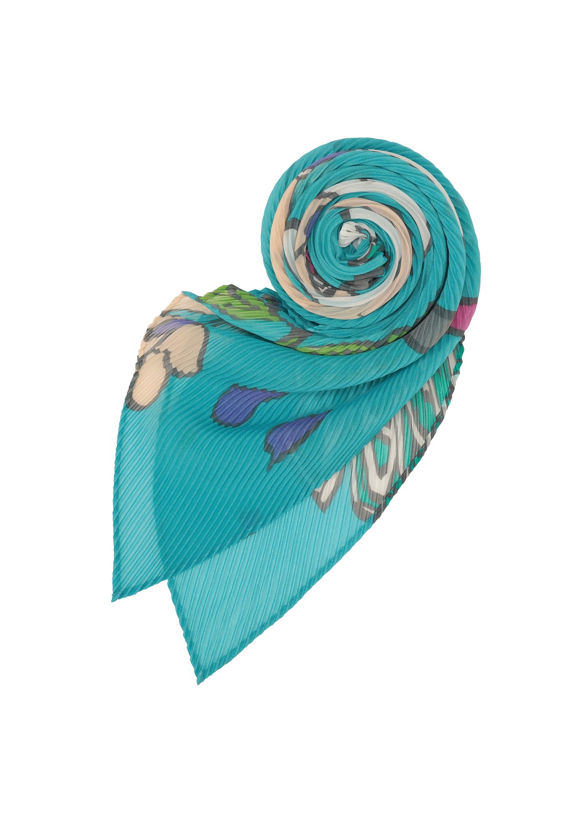 The MAGIC PLEATS STOLE by me ISSEY MIYAKE, in teal with a floral print and pleated texture, is rolled into a spiral on a white background. view 3 of 5