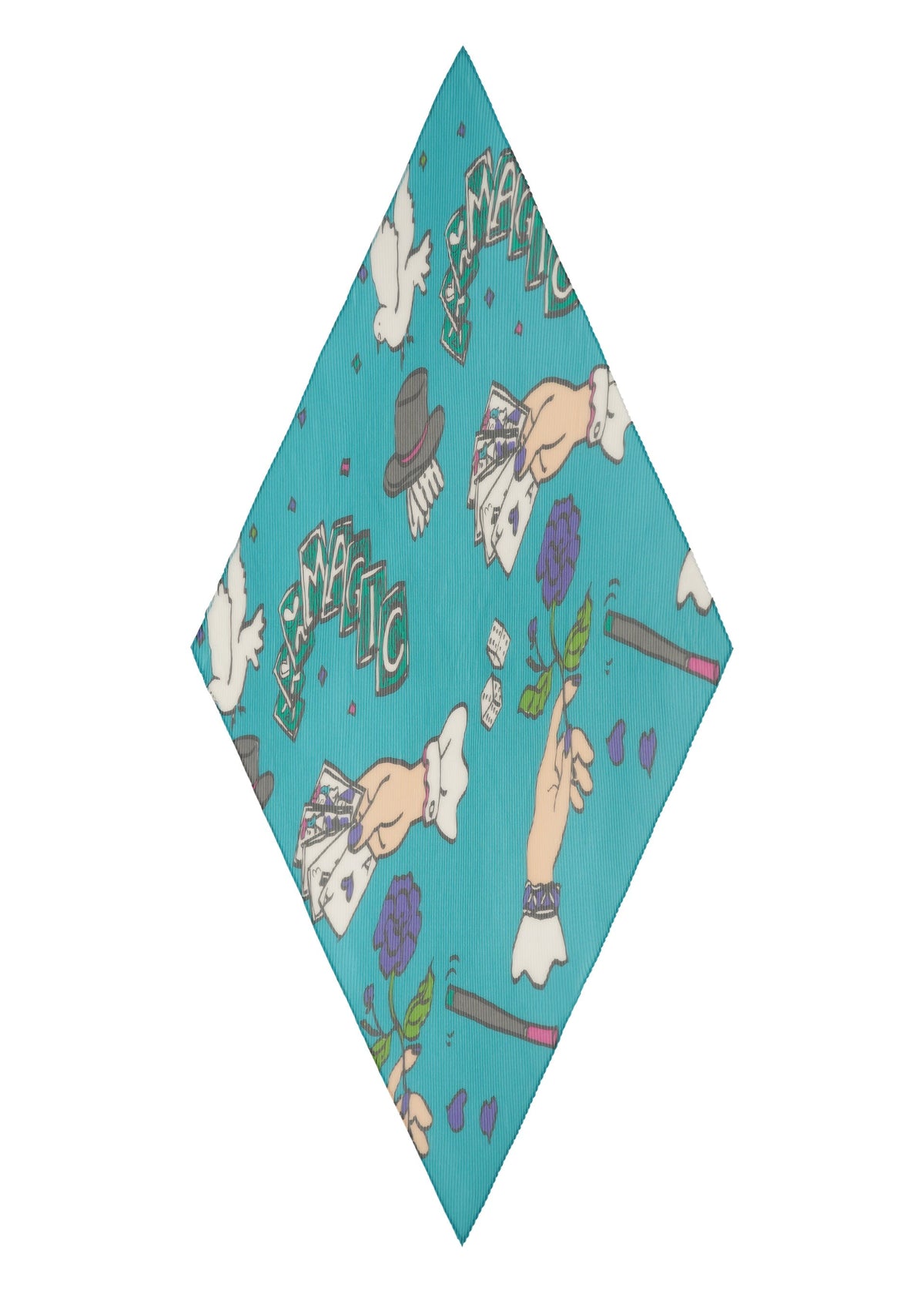The MAGIC PLEATS STOLE by me ISSEY MIYAKE features a turquoise base with playful cartoon hands performing magic tricks using props like wands, cards, dice, and a hat among clouds and the word "MAGIC" in fun lettering. view 4 of 5