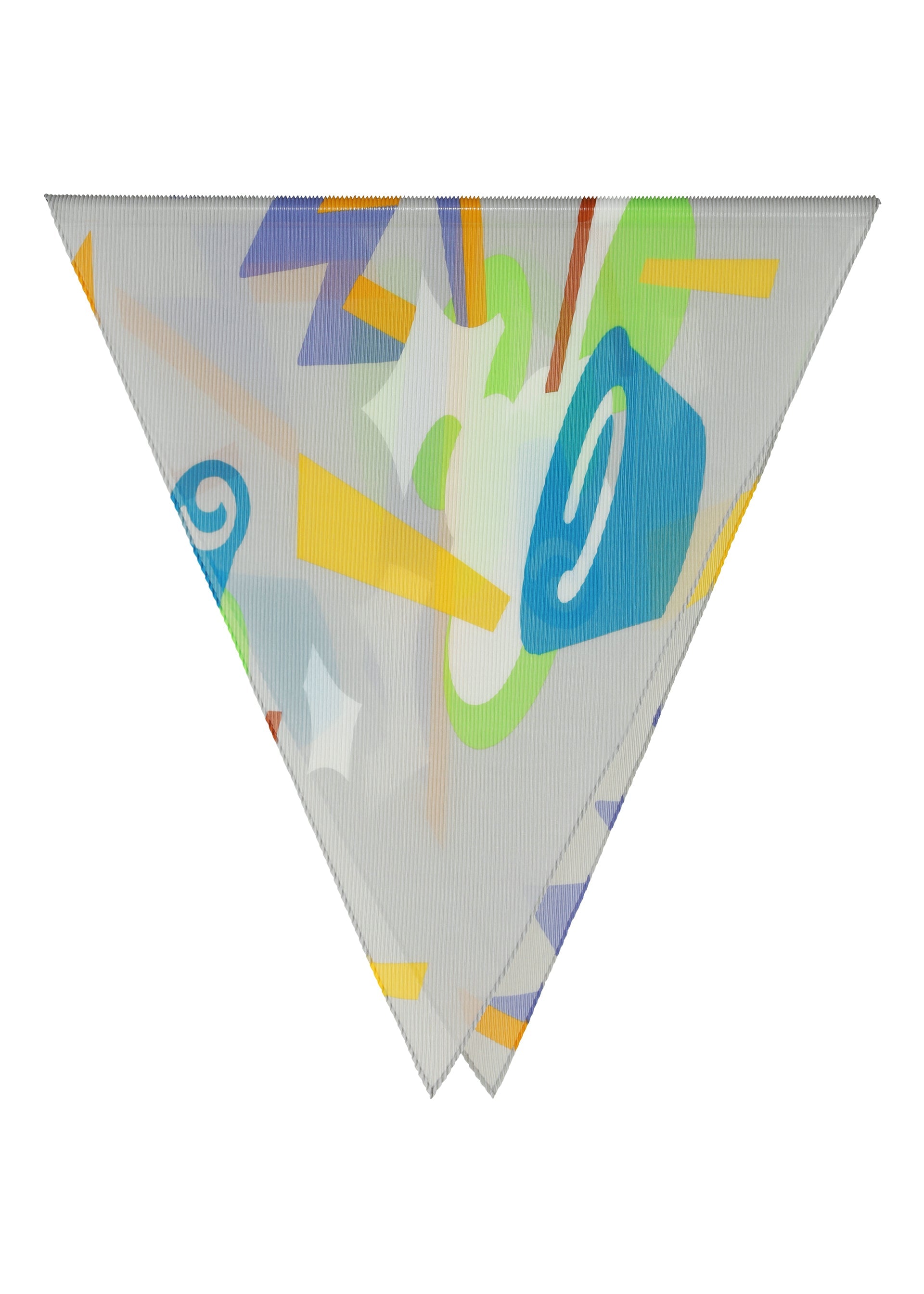 Zoomed view The SURPRISE BOX PLEATS STOLE by me ISSEY MIYAKE is a triangle-shaped fabric featuring blue, green, yellow, and white shapes and lines on a light gray background. - GRAY-HUED （no.17）