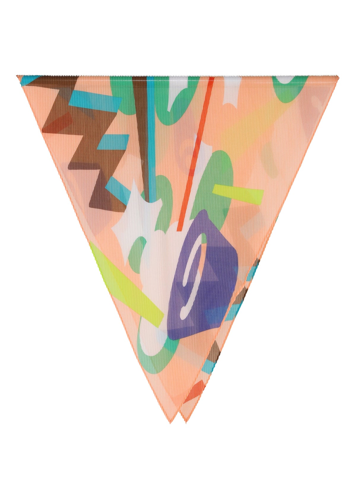 The SURPRISE BOX PLEATS STOLE by me ISSEY MIYAKE features an abstract blend of green, orange, blue, white, and brown shapes on a sheer peach background in a distinctive triangular design. view 2 of 6