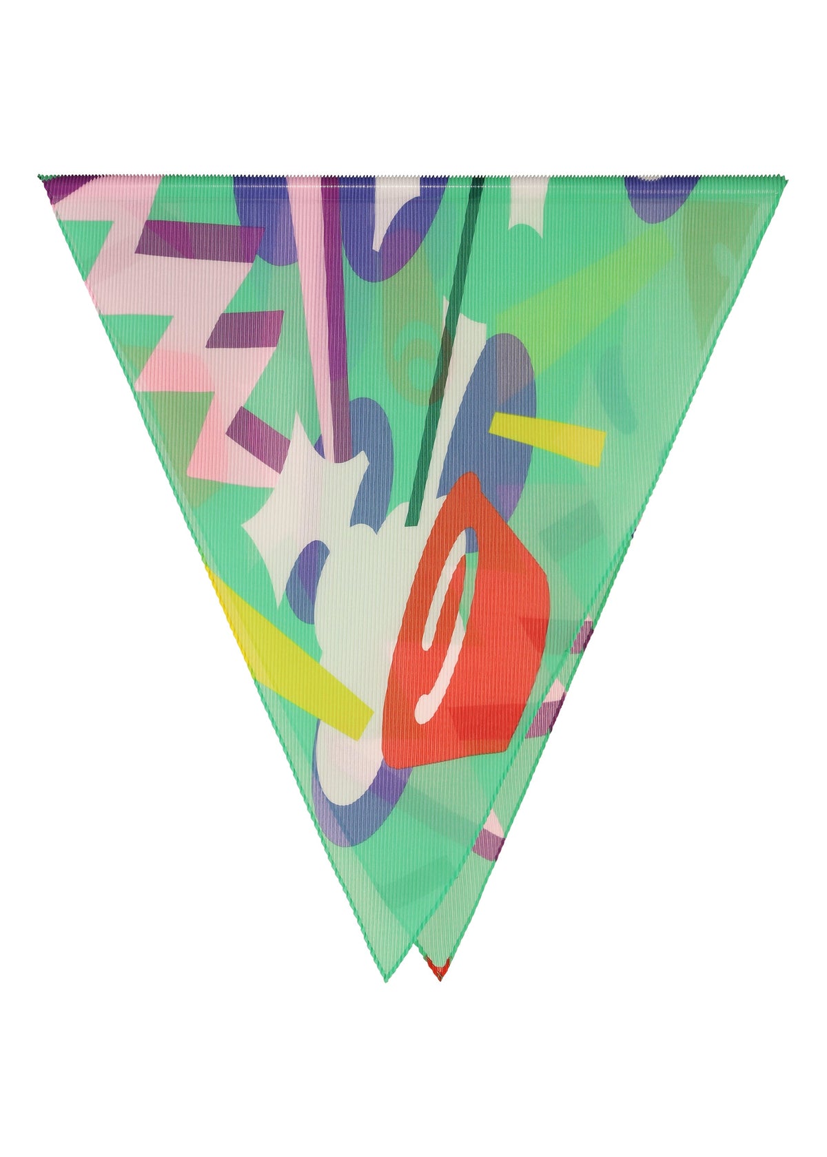 The SURPRISE BOX PLEATS STOLE by me ISSEY MIYAKE is a triangular scarf featuring colorful zigzags, stars, circles, and lightning bolts in pink, purple, yellow, white, and red on a green background. view 3 of 6