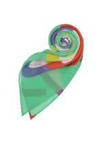 The SURPRISE BOX PLEATS STOLE by me ISSEY MIYAKE, featuring a unique pleated design in green, red, purple, yellow, and white, is rolled into a spiral on a white background.