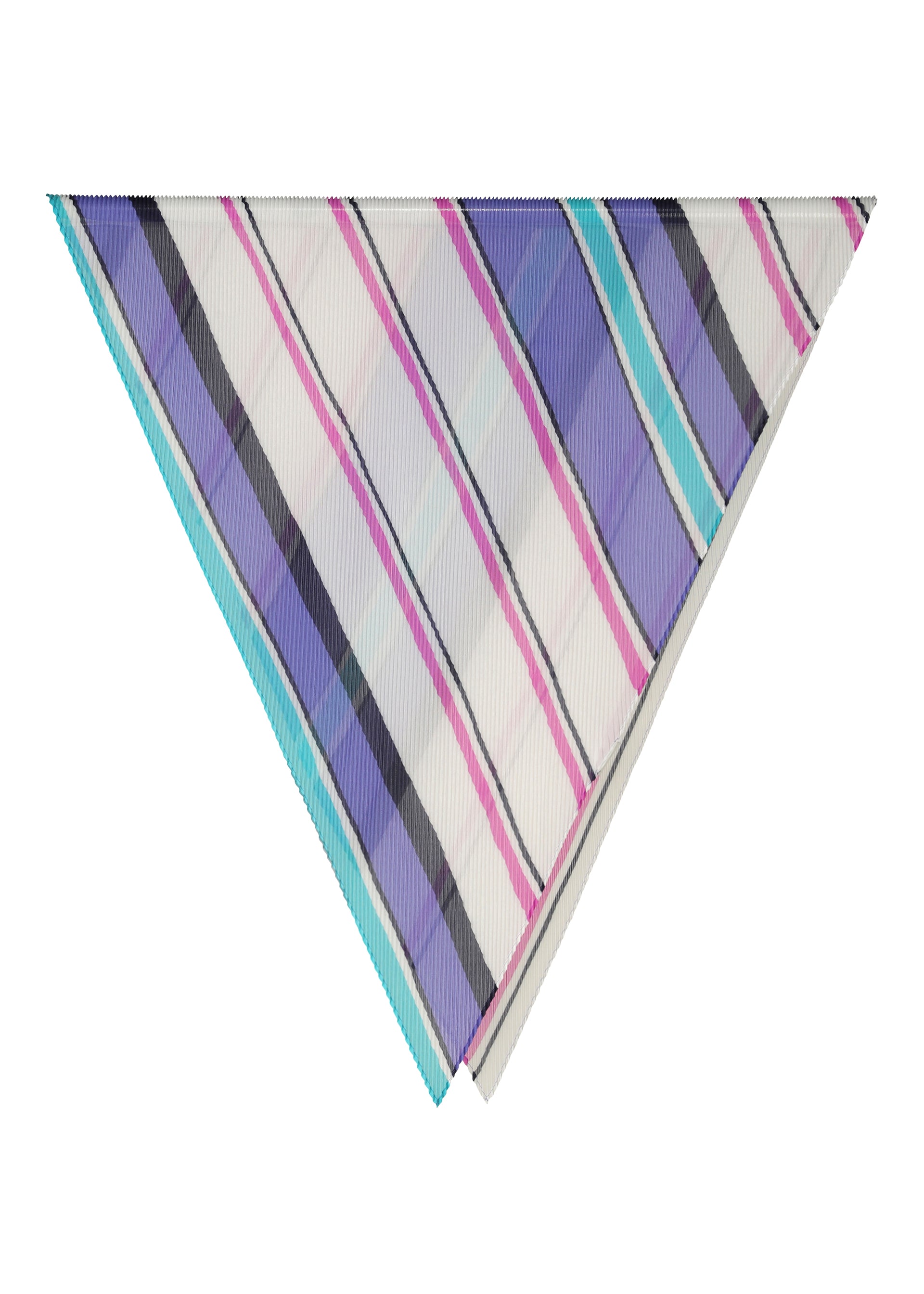 Zoomed view The SHIRT STRIPE PLEATS STOLE by me ISSEY MIYAKE, a triangle-shaped piece featuring diagonal shirt stripes in purple, blue, pink, and gray, is folded neatly on a white background. - WHITE-HUED （no.09）