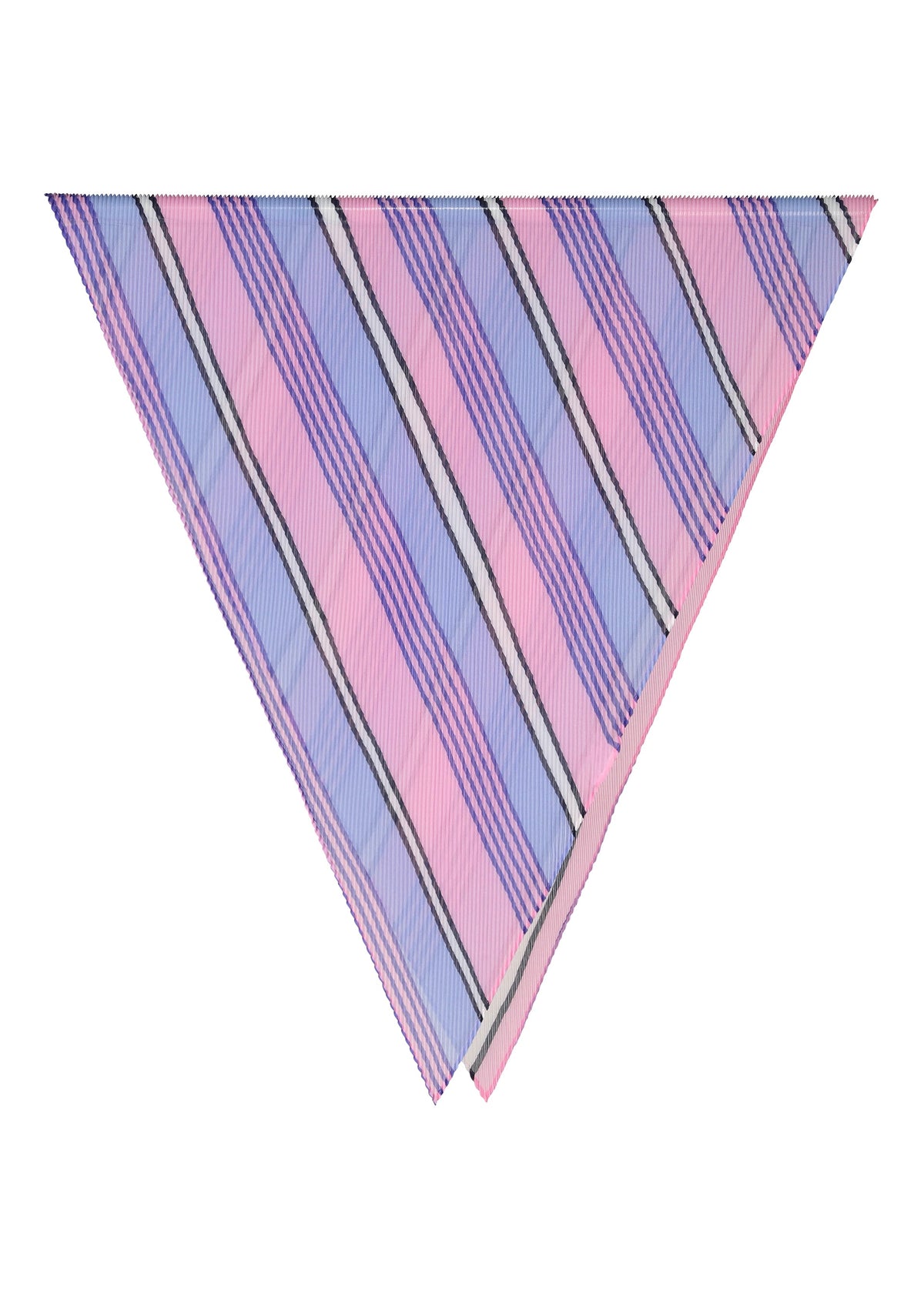 The SHIRT STRIPE PLEATS STOLE by me ISSEY MIYAKE features invigorating diagonal pink, lavender, and blue stripes with thin white and black lines—reminiscent of classic shirt patterns—neatly folded on a white background. view 2 of 5