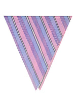 The SHIRT STRIPE PLEATS STOLE by me ISSEY MIYAKE features invigorating diagonal pink, lavender, and blue stripes with thin white and black lines—reminiscent of classic shirt patterns—neatly folded on a white background. - PINK-HUED （no.28）