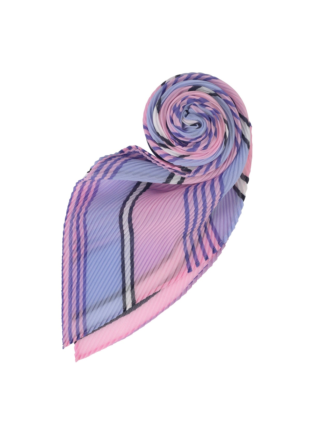 The SHIRT STRIPE PLEATS STOLE by me ISSEY MIYAKE features vibrant pink, purple, and blue stripes in a plaid pattern, pleated and elegantly rolled into a spiral on a white background. view 3 of 5