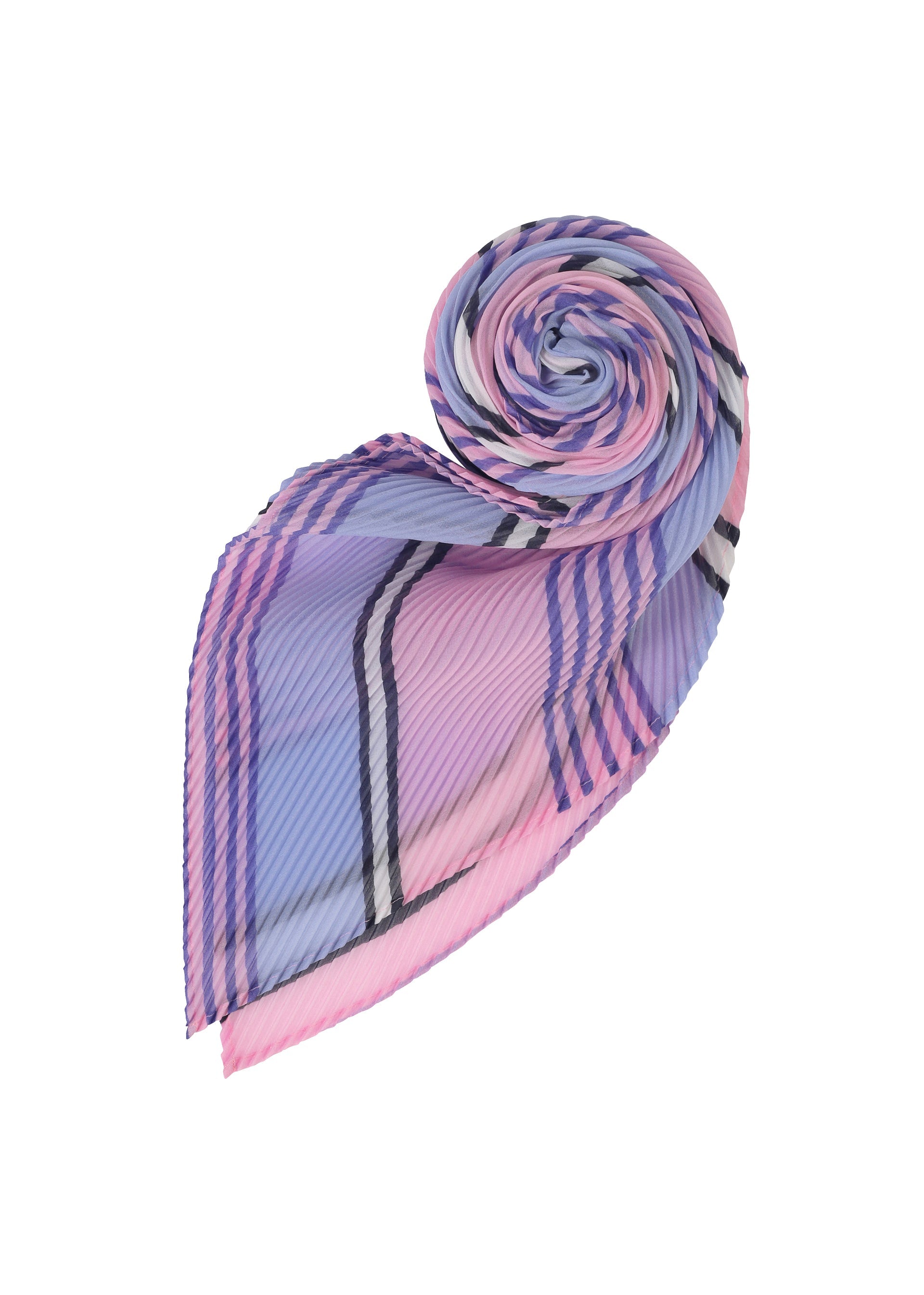 Zoomed view The SHIRT STRIPE PLEATS STOLE by me ISSEY MIYAKE features vibrant pink, purple, and blue stripes in a plaid pattern, pleated and elegantly rolled into a spiral on a white background.