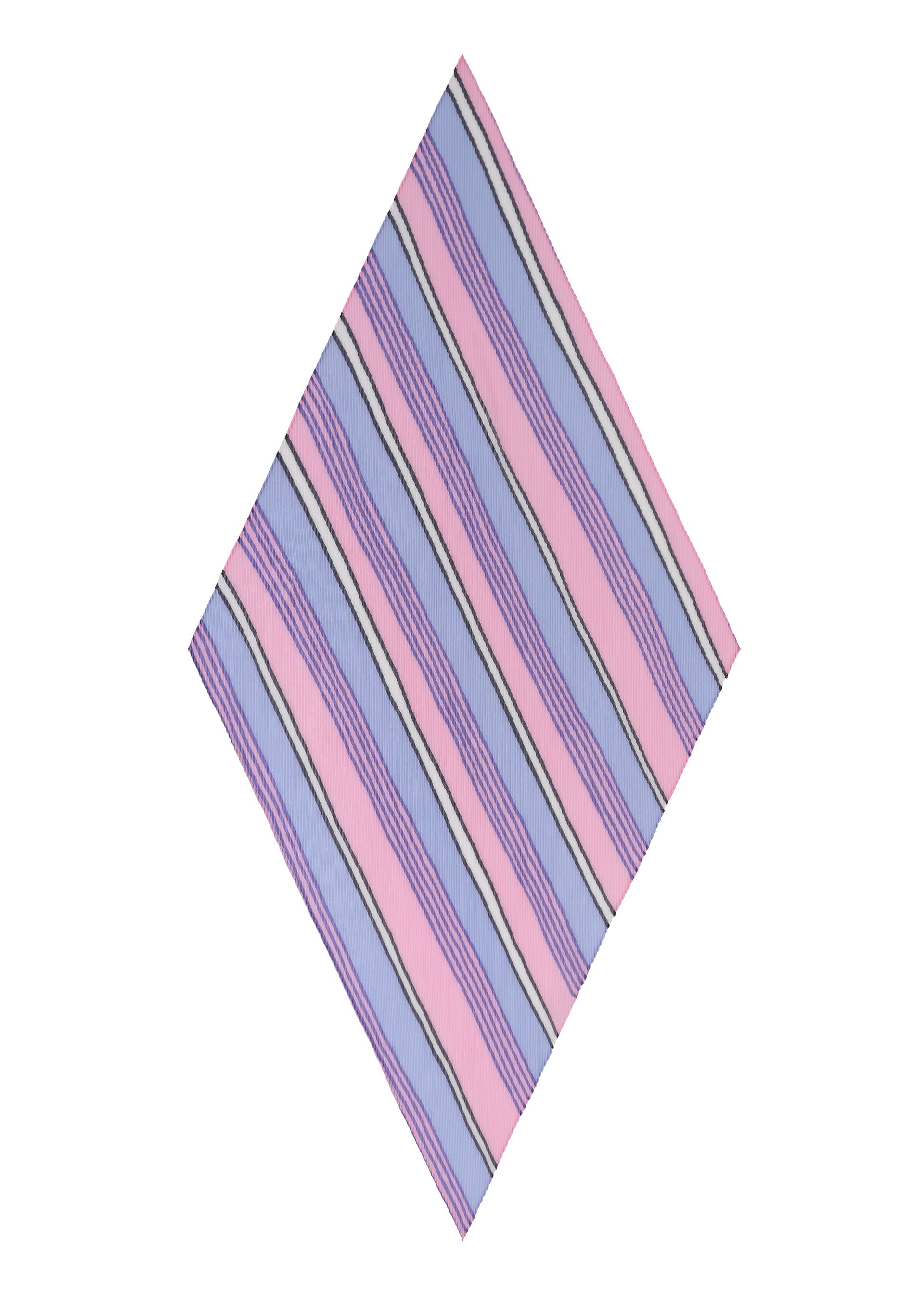 Zoomed view The SHIRT STRIPE PLEATS STOLE by me ISSEY MIYAKE features invigorating pastel pink, blue, purple, and white diagonal stripes of varying width on a pleated square cloth, creating a fresh patterned look.