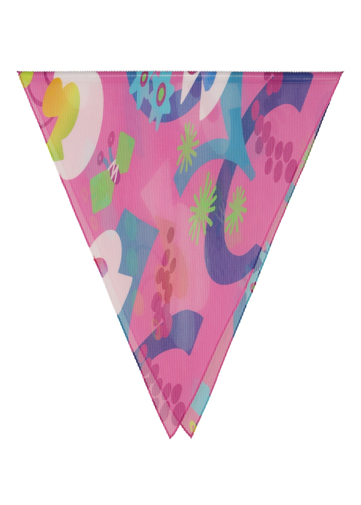 The FLOWER DOME PLEATS STOLE by me ISSEY MIYAKE is a pink triangular bandana adorned with colorful abstract shapes, botanical motifs, circles, stars, and floral patterns in blue, green, purple, and white on a white background. view 1 of 6