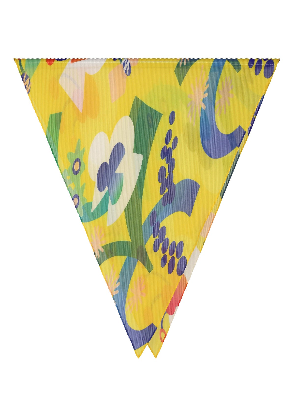 The FLOWER DOME PLEATS STOLE by me ISSEY MIYAKE is a triangular scarf with botanical motifs in colorful abstract florals—yellow, green, blue, white, and purple—set against a crisp white background. view 2 of 6
