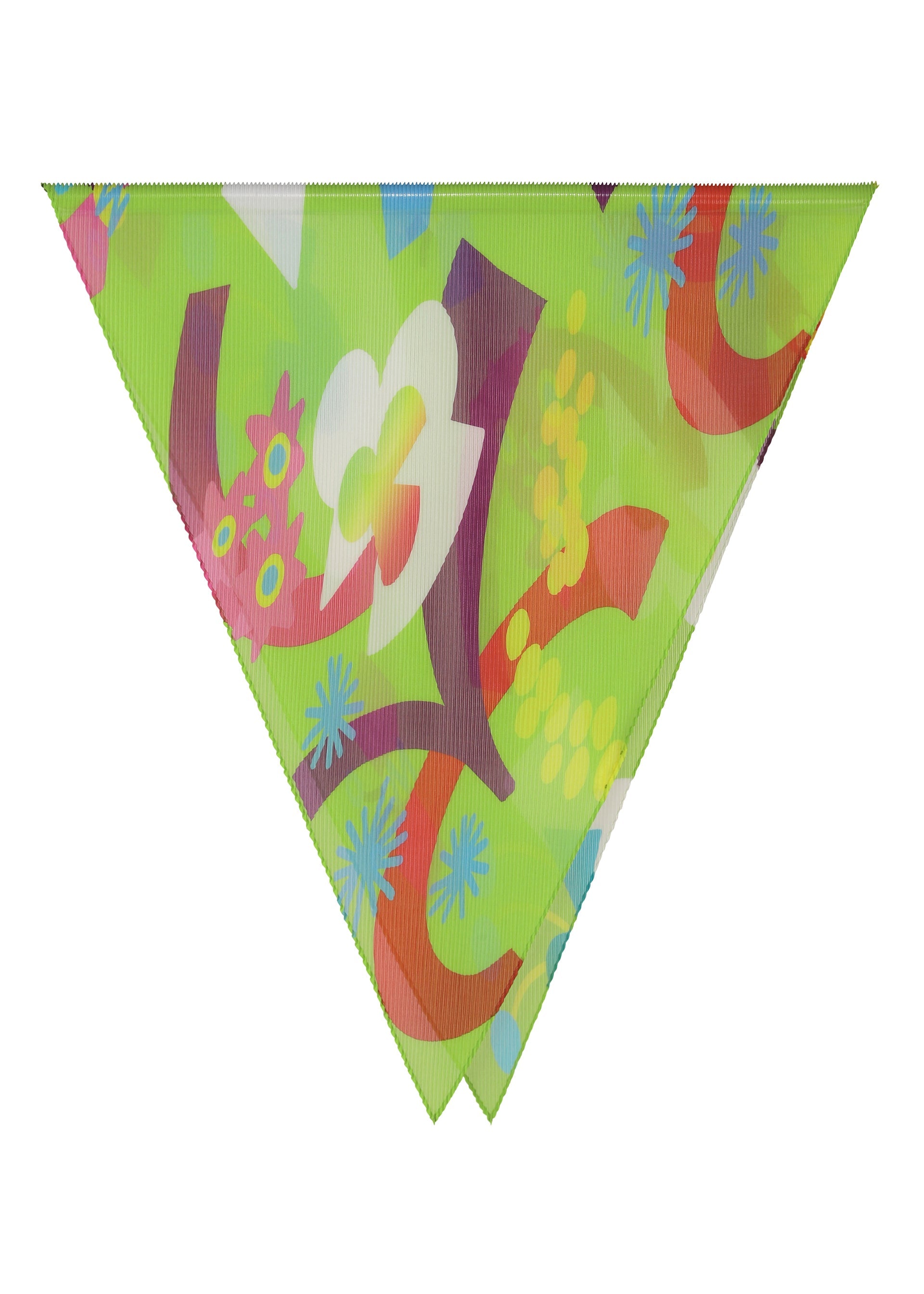 Zoomed view The FLOWER DOME PLEATS STOLE by me ISSEY MIYAKE is a triangular green scarf with pleated detailing and multicolor floral motifs in orange, white, purple, and blue on a white background. - GREEN-HUED （no.69）