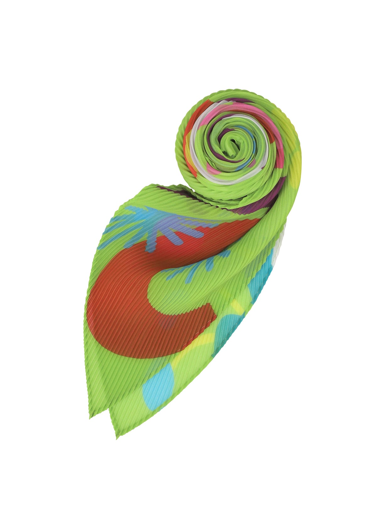 The FLOWER DOME PLEATS STOLE by me ISSEY MIYAKE is a pleated, leaf-shaped stole with a vibrant green base and botanical motifs in red, blue, and yellow, rolled in a spiral on a white background. view 4 of 6