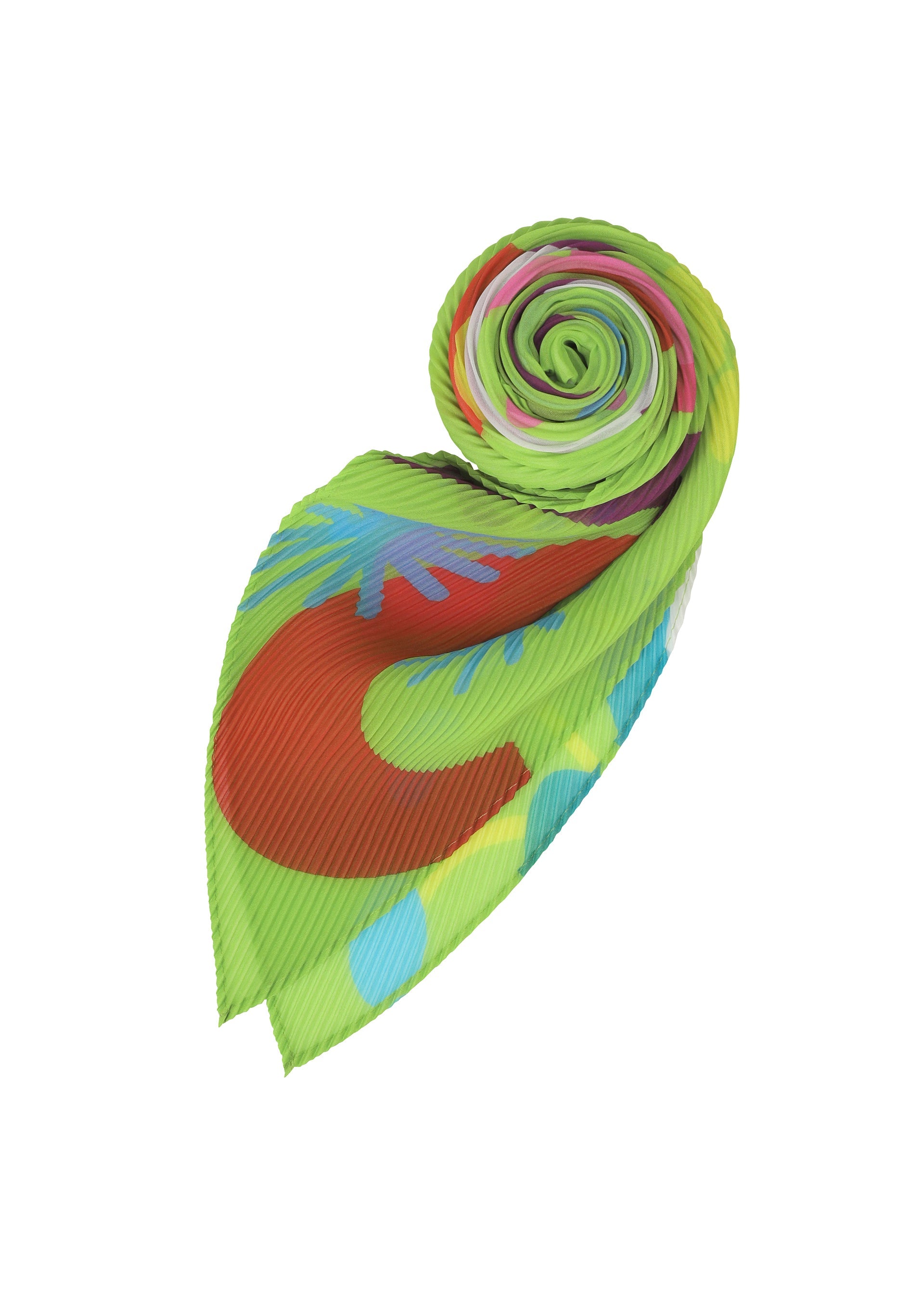 Zoomed view The FLOWER DOME PLEATS STOLE by me ISSEY MIYAKE is a pleated, leaf-shaped stole with a vibrant green base and botanical motifs in red, blue, and yellow, rolled in a spiral on a white background.