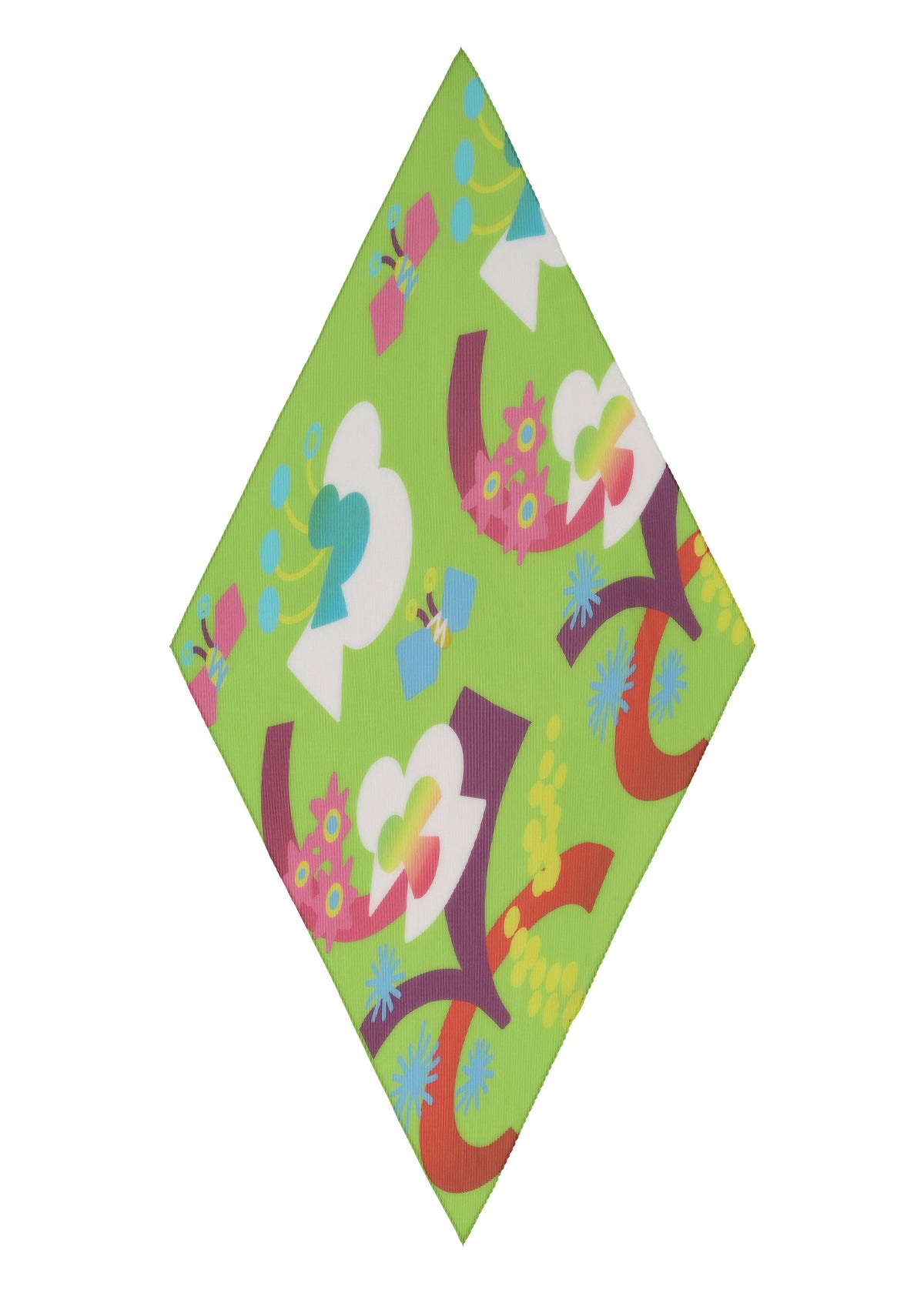 The FLOWER DOME PLEATS STOLE by me ISSEY MIYAKE is a green square cloth adorned with colorful abstract floral motifs and white, pink, blue, red, and yellow geometric patterns, shown on a white background. view 5 of 6