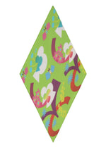 The FLOWER DOME PLEATS STOLE by me ISSEY MIYAKE is a green square cloth adorned with colorful abstract floral motifs and white, pink, blue, red, and yellow geometric patterns, shown on a white background.