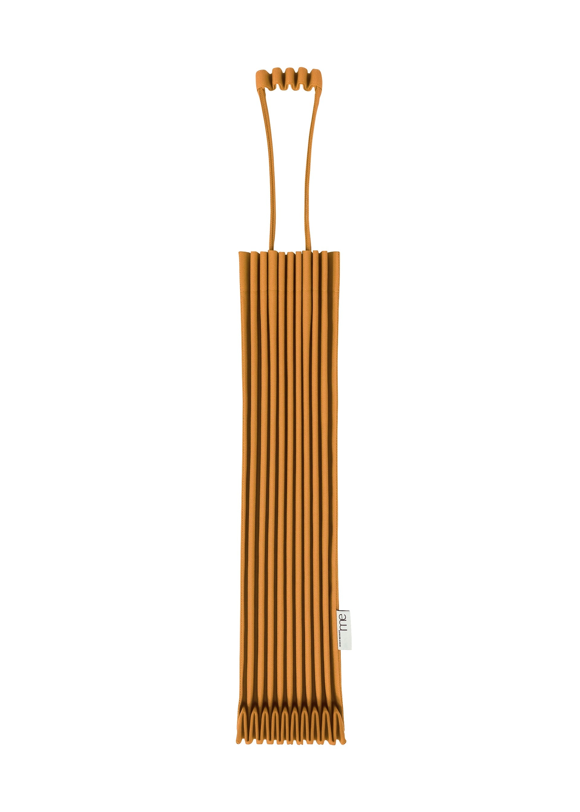 Zoomed view A brown, ribbed, rectangular silicone me ISSEY MIYAKE TRUNK PLEATS BAG 12 sleeve featuring a unique handle at the top is displayed on a white background. - CAMEL （no.43）