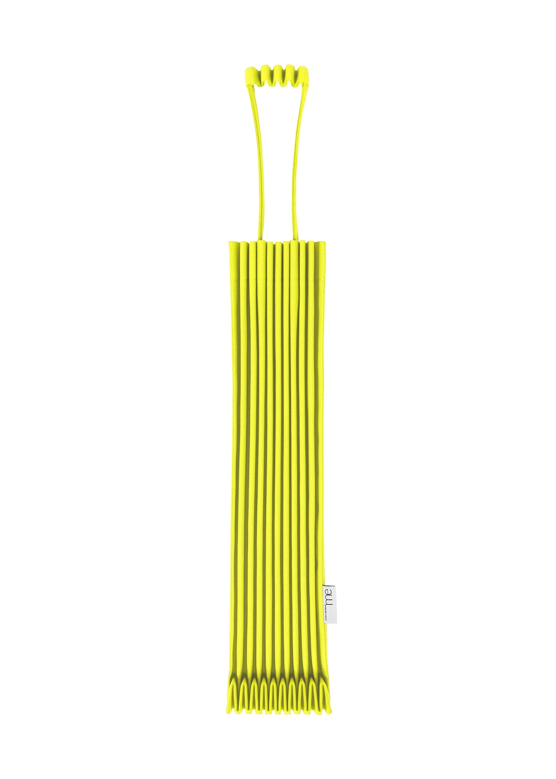Zoomed view The TRUNK PLEATS BAG 12 by me ISSEY MIYAKE is a bright yellow, pleated, rectangular bag with wavy ridges, a unique top handle, and a small white side tag, resembling a modern accordion-style case. - LIME YELLOW （no.51）