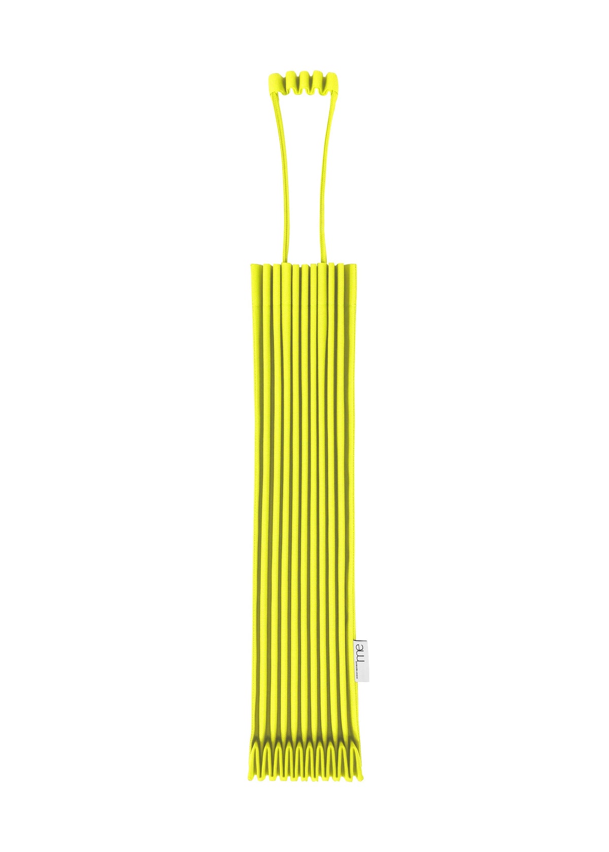 A vivid yellow, accordion-style TRUNK PLEATS BAG 12 by me ISSEY MIYAKE, featuring two distinctive looped handles and showcased upright against a white background. view 3 of 14