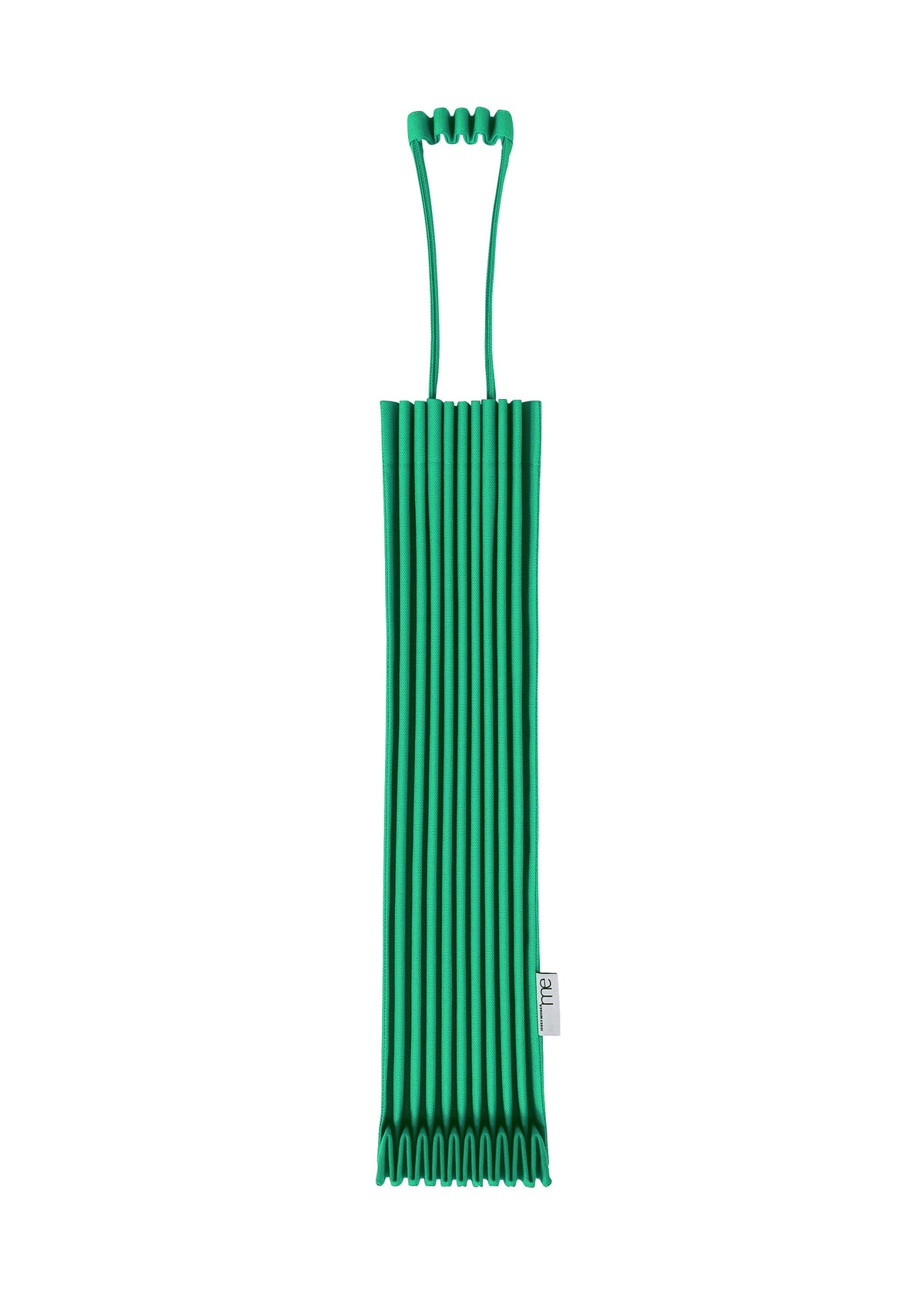 A vibrant green, ribbed silicone sleeve featuring two distinctive looped handles at the top and bottom, reminiscent of the me ISSEY MIYAKE TRUNK PLEATS BAG 12, is displayed against a white background. view 4 of 14