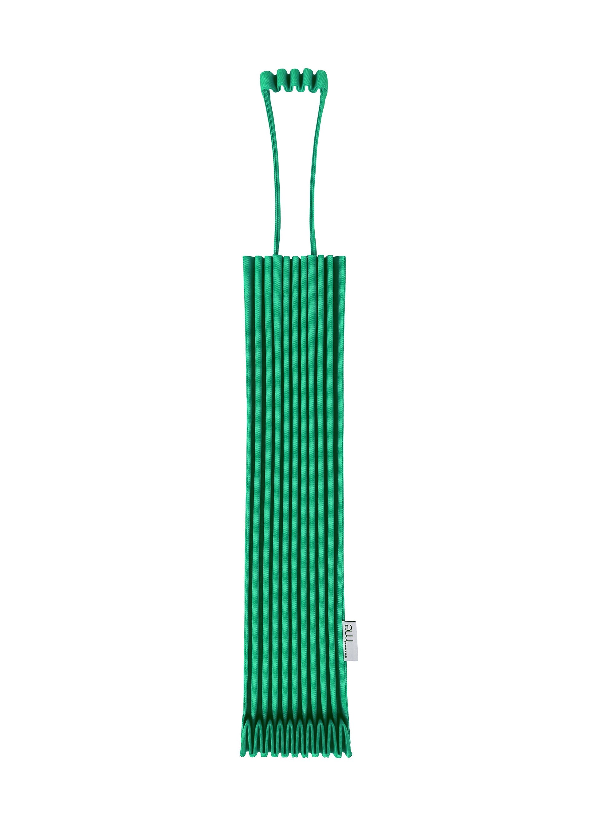Zoomed view A vibrant green, ribbed silicone sleeve featuring two distinctive looped handles at the top and bottom, reminiscent of the me ISSEY MIYAKE TRUNK PLEATS BAG 12, is displayed against a white background. - EMERALD GREEN （no.63）
