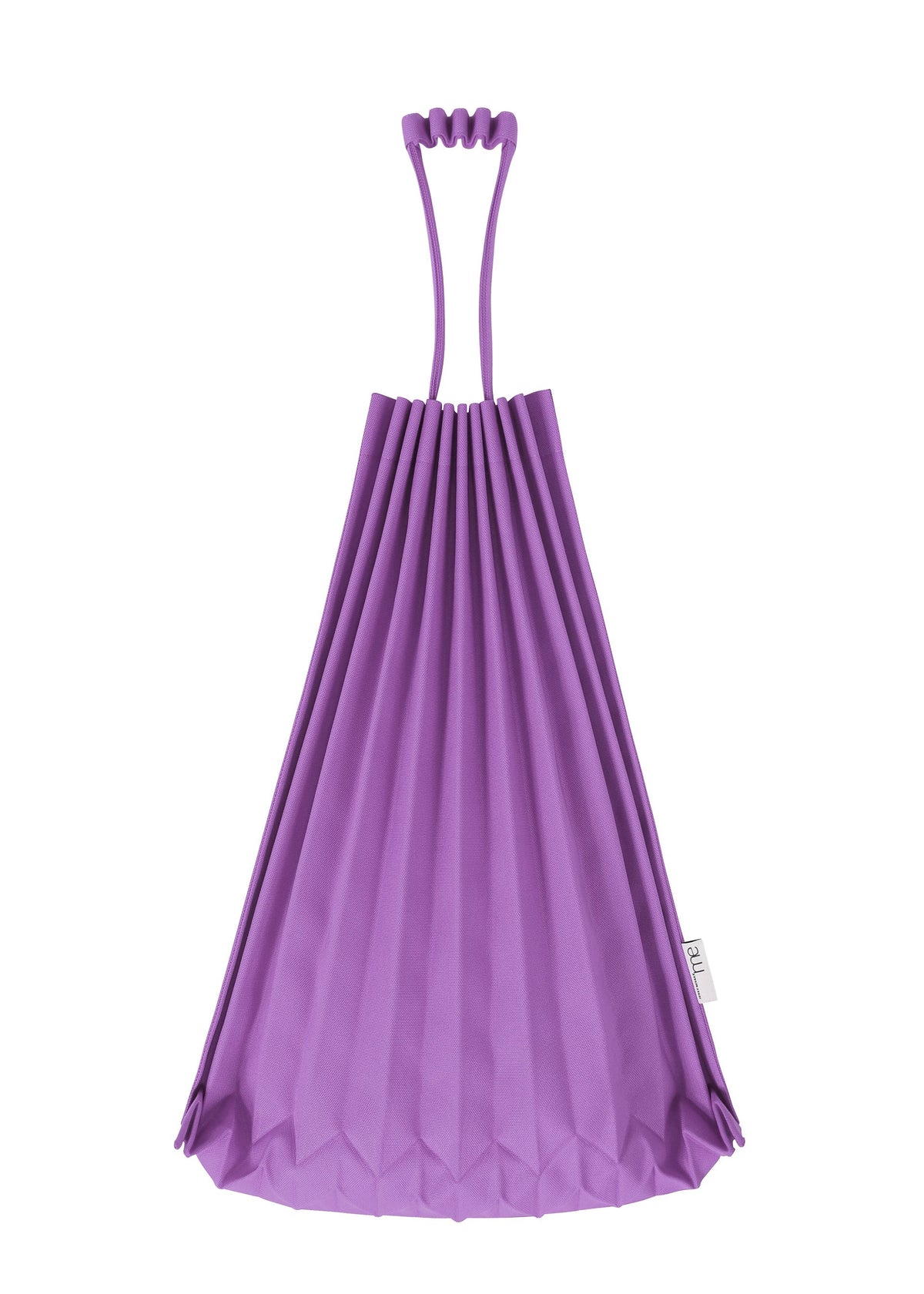 The TRUNK PLEATS BAG 12 by me ISSEY MIYAKE, in vivid purple with a geometric design and unique looped handles, stands upright against a white background. view 12 of 13