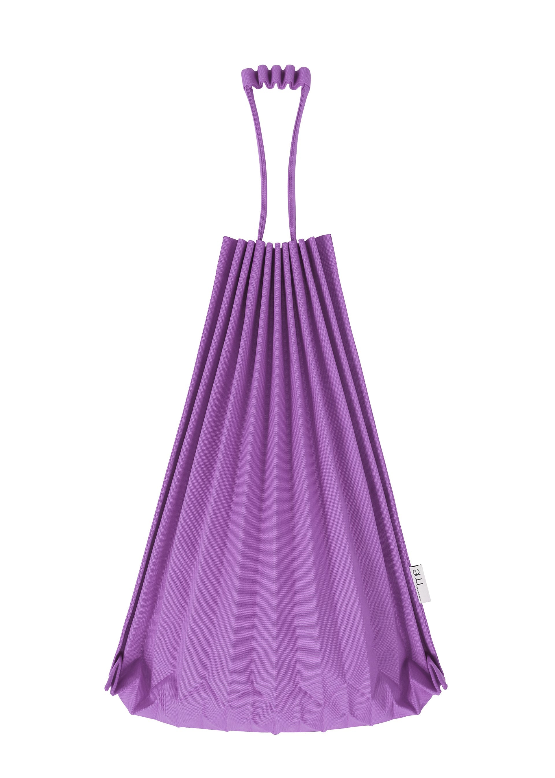 Zoomed view The TRUNK PLEATS BAG 12 by me ISSEY MIYAKE, in vivid purple with a geometric design and unique looped handles, stands upright against a white background.
