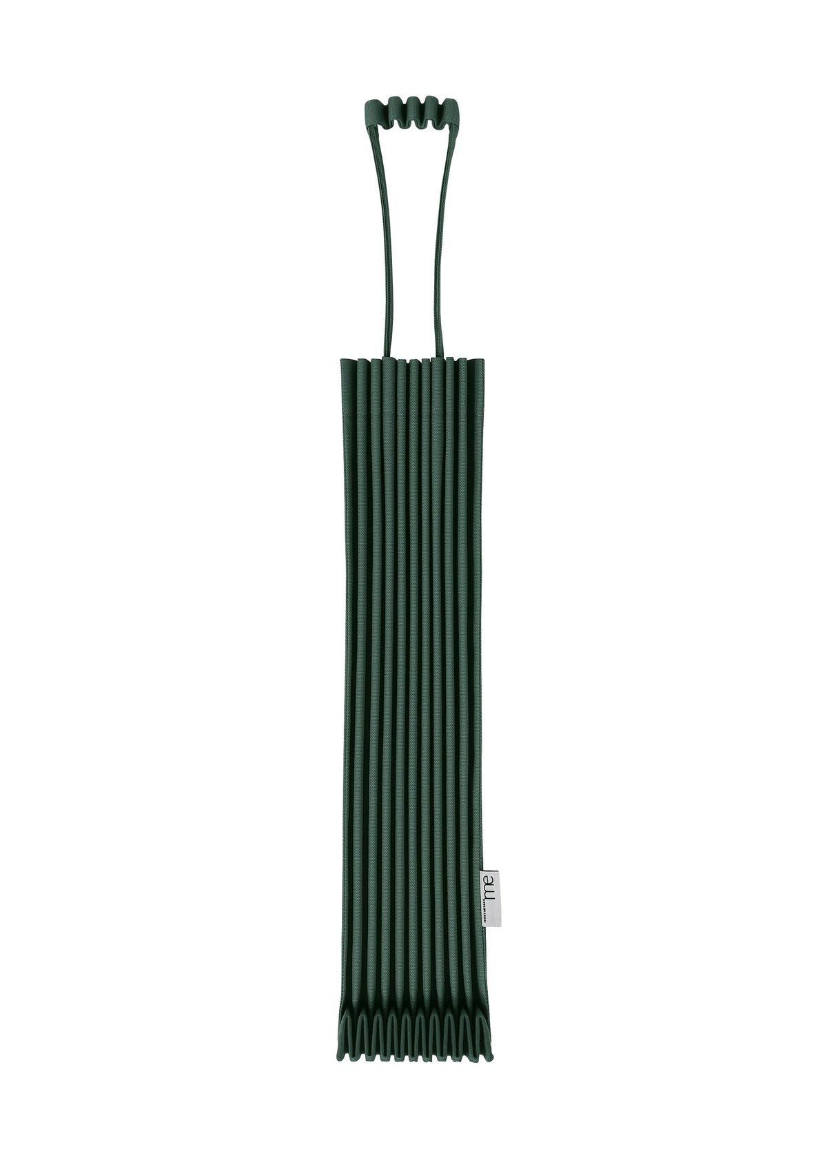 A dark green silicone trivet with a vivid color and grooved, ribbed texture reminiscent of the me ISSEY MIYAKE TRUNK PLEATS BAG 12, featuring a unique handle looped at the top and shown vertically on a white background. view 10 of 14