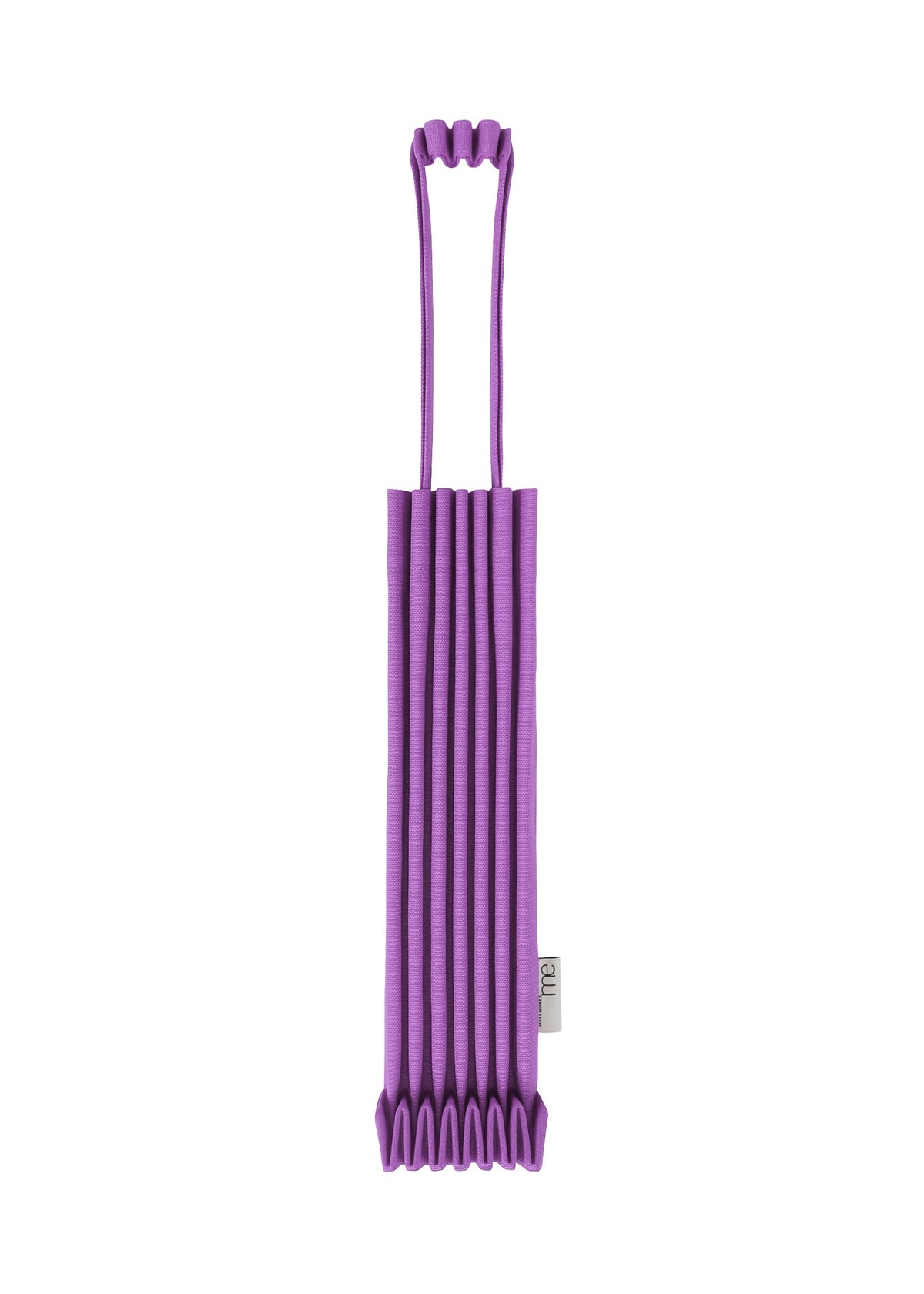 The TRUNK PLEATS BAG 12 by me ISSEY MIYAKE is a mini tote in vivid purple with vertical accordion-style pleats, a rectangular silhouette, matching double-loop handles, and a small white tag near the bottom. view 5 of 13