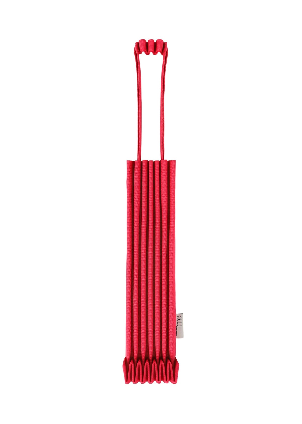 The TRUNK PLEATS BAG 12 by me ISSEY MIYAKE is a red mini tote with vivid pleats and two handles, shown standing vertically against a white background. view 5 of 14