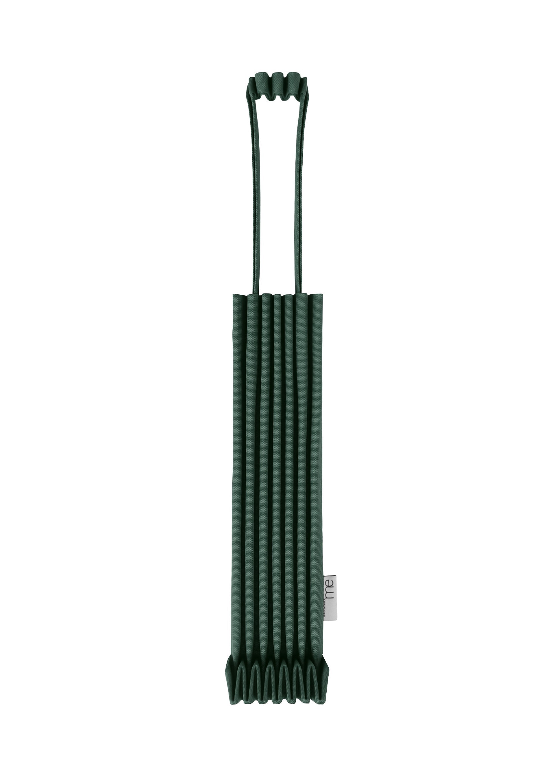 Zoomed view The TRUNK PLEATS BAG 12 by me ISSEY MIYAKE is a dark green, pleated umbrella case with a scrunched handle and a small side tag, displayed against a white background. - DARK GREEN （no.94）