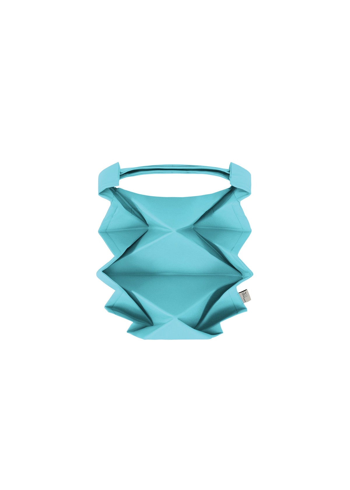 The GEOMETRIC PLEATS BAG by me ISSEY MIYAKE, in turquoise with origami-inspired angular folds and a top handle, is shown against a white background. view 3 of 7
