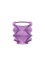 The GEOMETRIC PLEATS BAG by me ISSEY MIYAKE, featuring a purple geometric pattern, angular folds, a quadrilateral base, and a single top handle, is displayed against a white background. - PURPLE （no.81）
