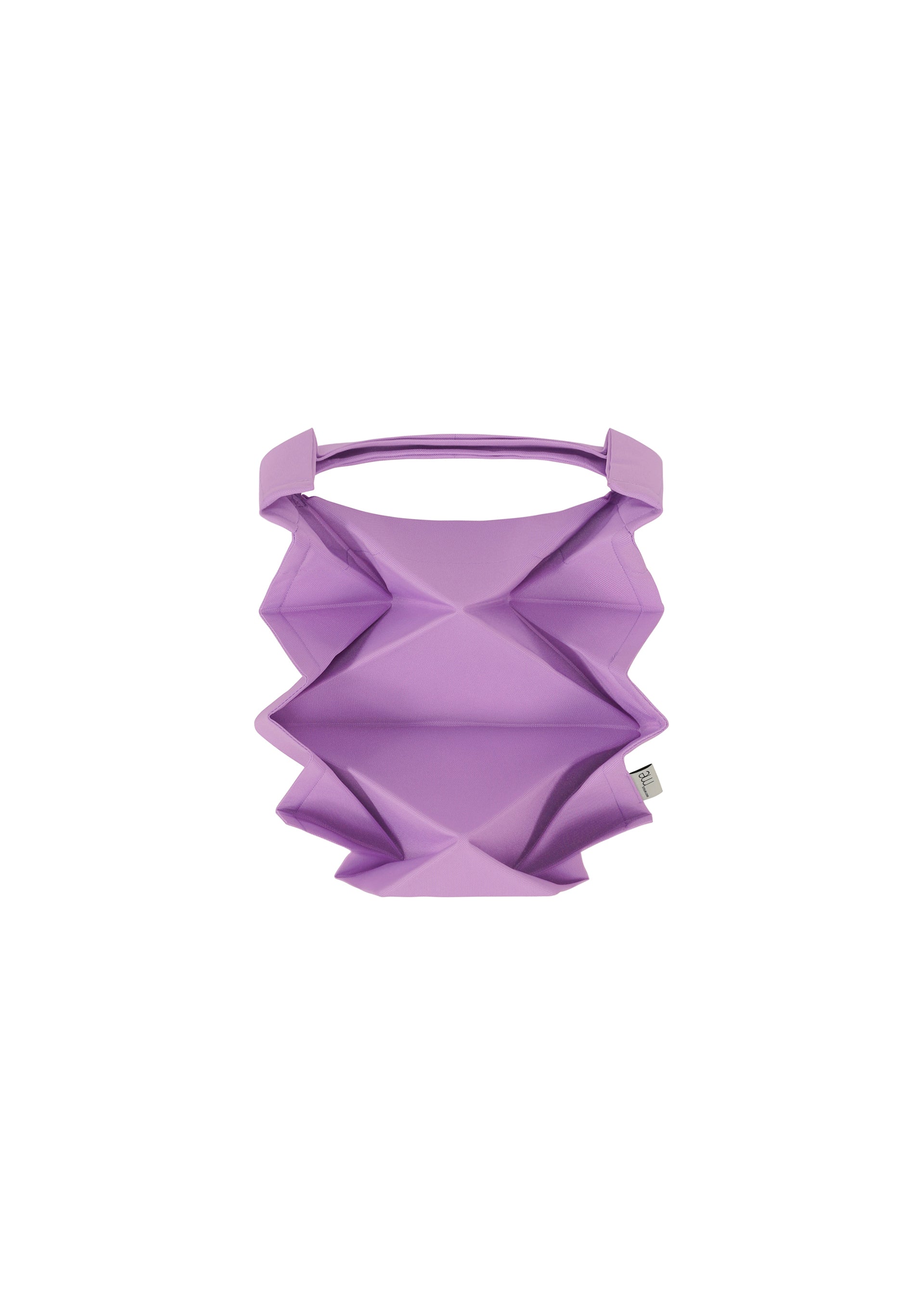 Zoomed view The GEOMETRIC PLEATS BAG by me ISSEY MIYAKE, featuring a purple geometric pattern, angular folds, a quadrilateral base, and a single top handle, is displayed against a white background. - PURPLE （no.81）