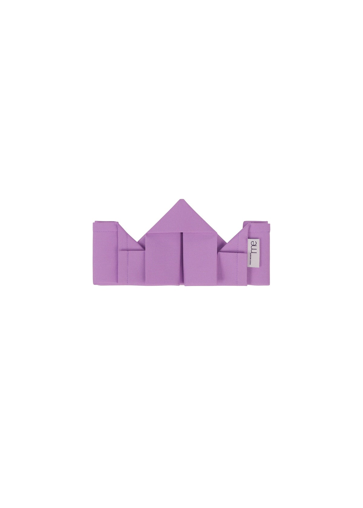 The GEOMETRIC PLEATS BAG by me ISSEY MIYAKE is a purple, foldable fabric organizer with a unique handmade pleated design, multiple pockets, and a small white label on the right, shown against a white background. view 6 of 7